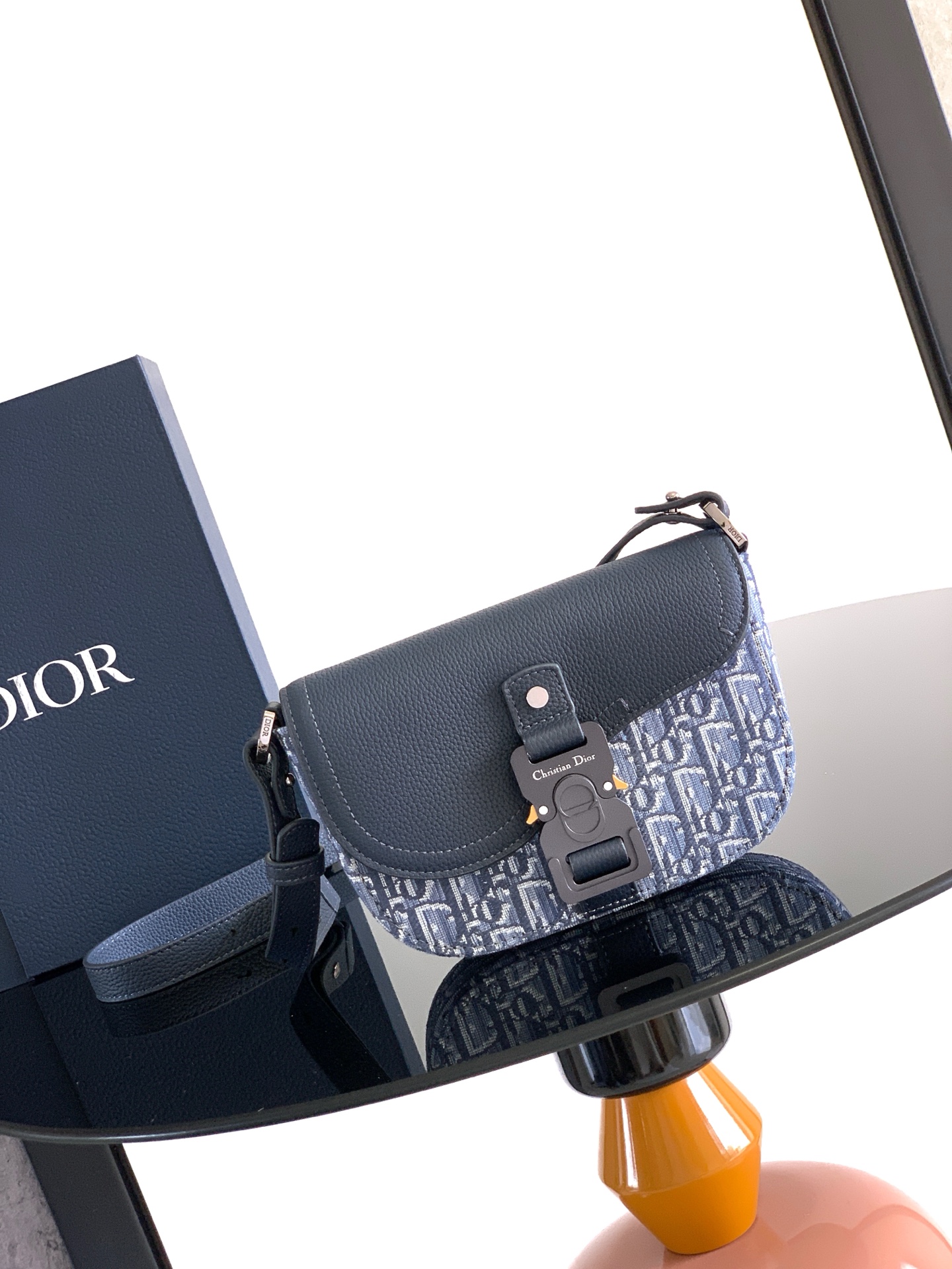 Bagsaaa D10r Mini Saddle Messenger Bag with Flap Blue D10r Oblique Jacquard and Blue Grained Calfskin - 20cm