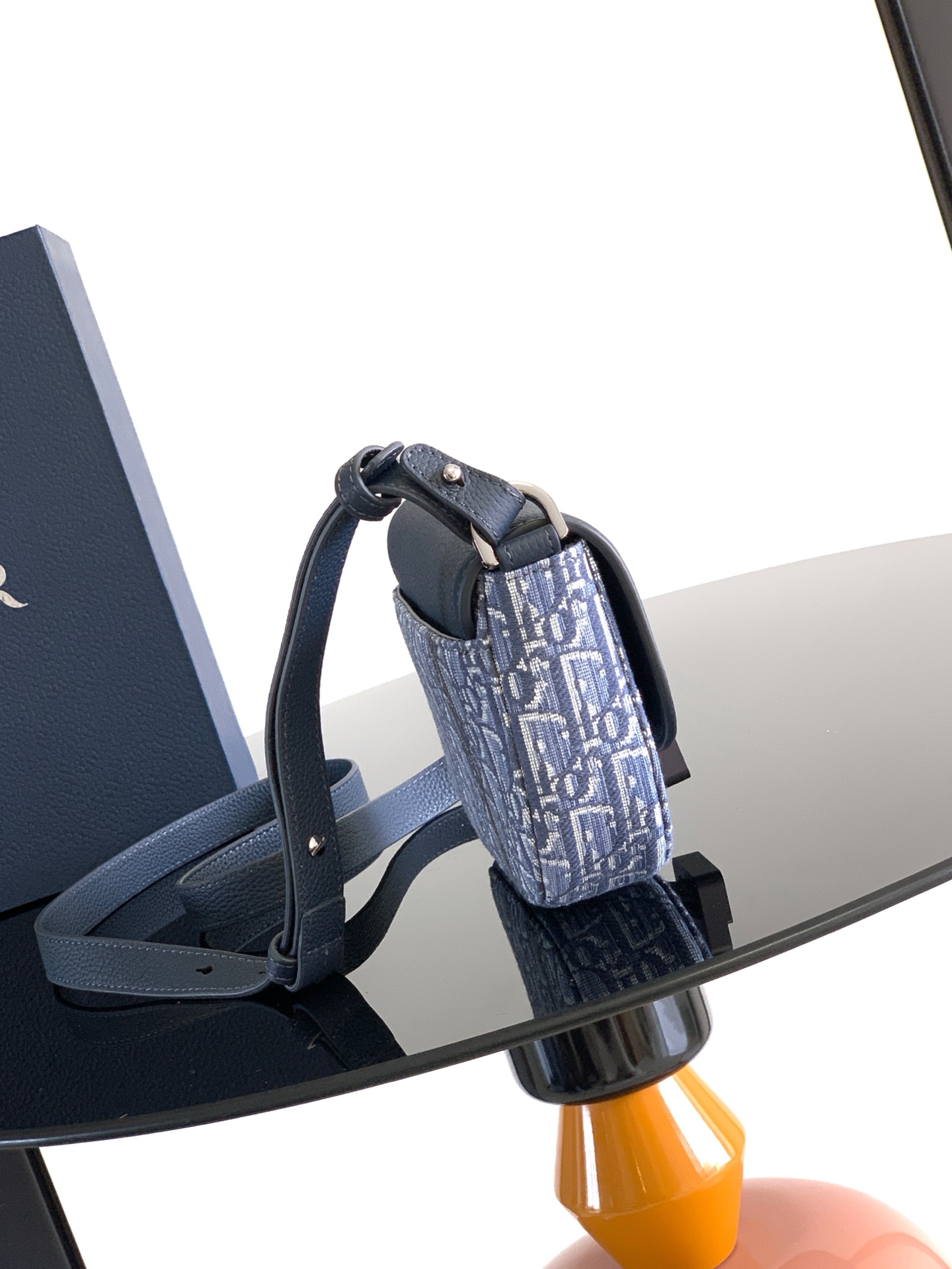 Bagsaaa D10r Mini Saddle Messenger Bag with Flap Blue D10r Oblique Jacquard and Blue Grained Calfskin - 20cm