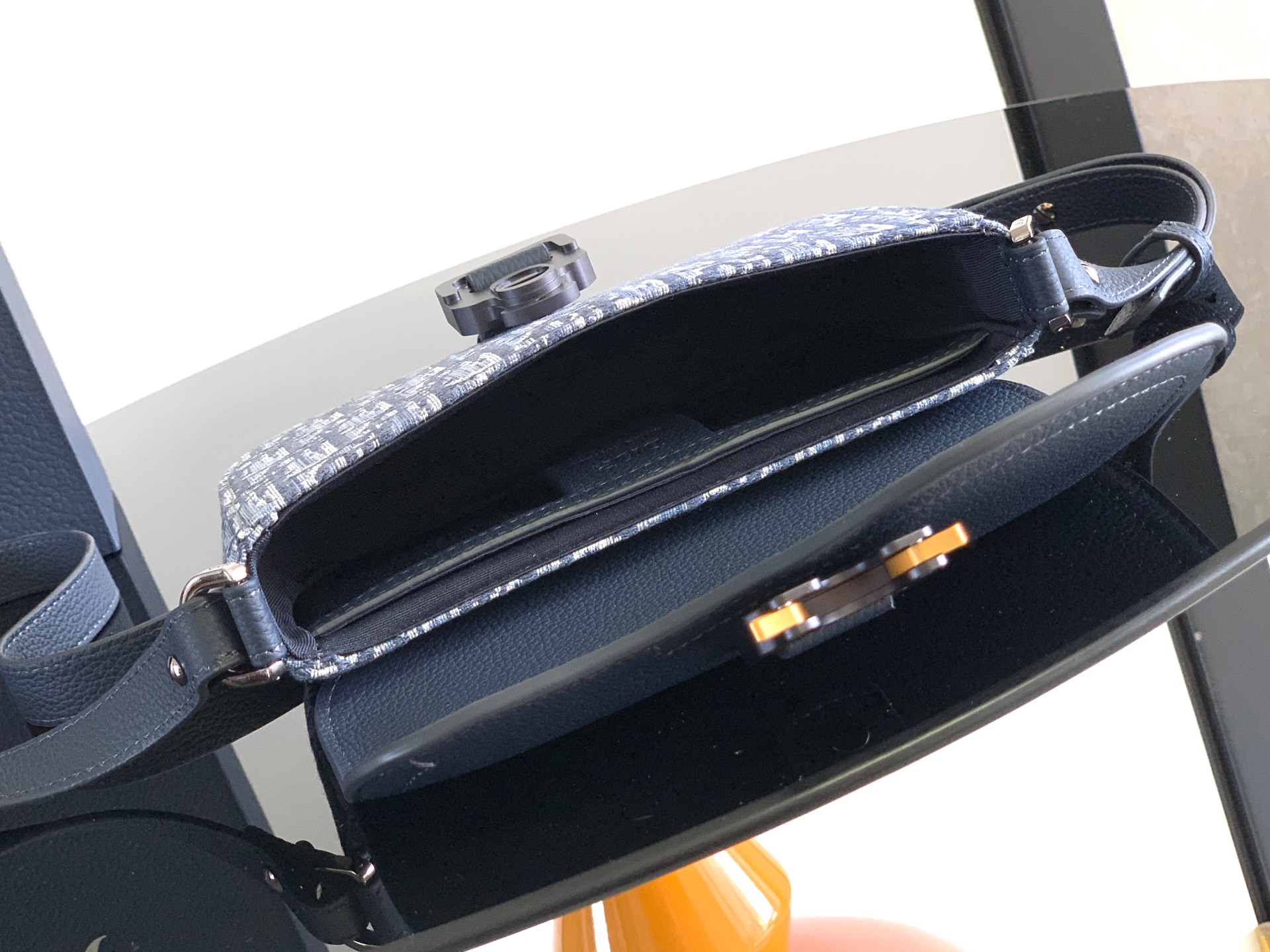 Bagsaaa D10r Mini Saddle Messenger Bag with Flap Blue D10r Oblique Jacquard and Blue Grained Calfskin - 20cm