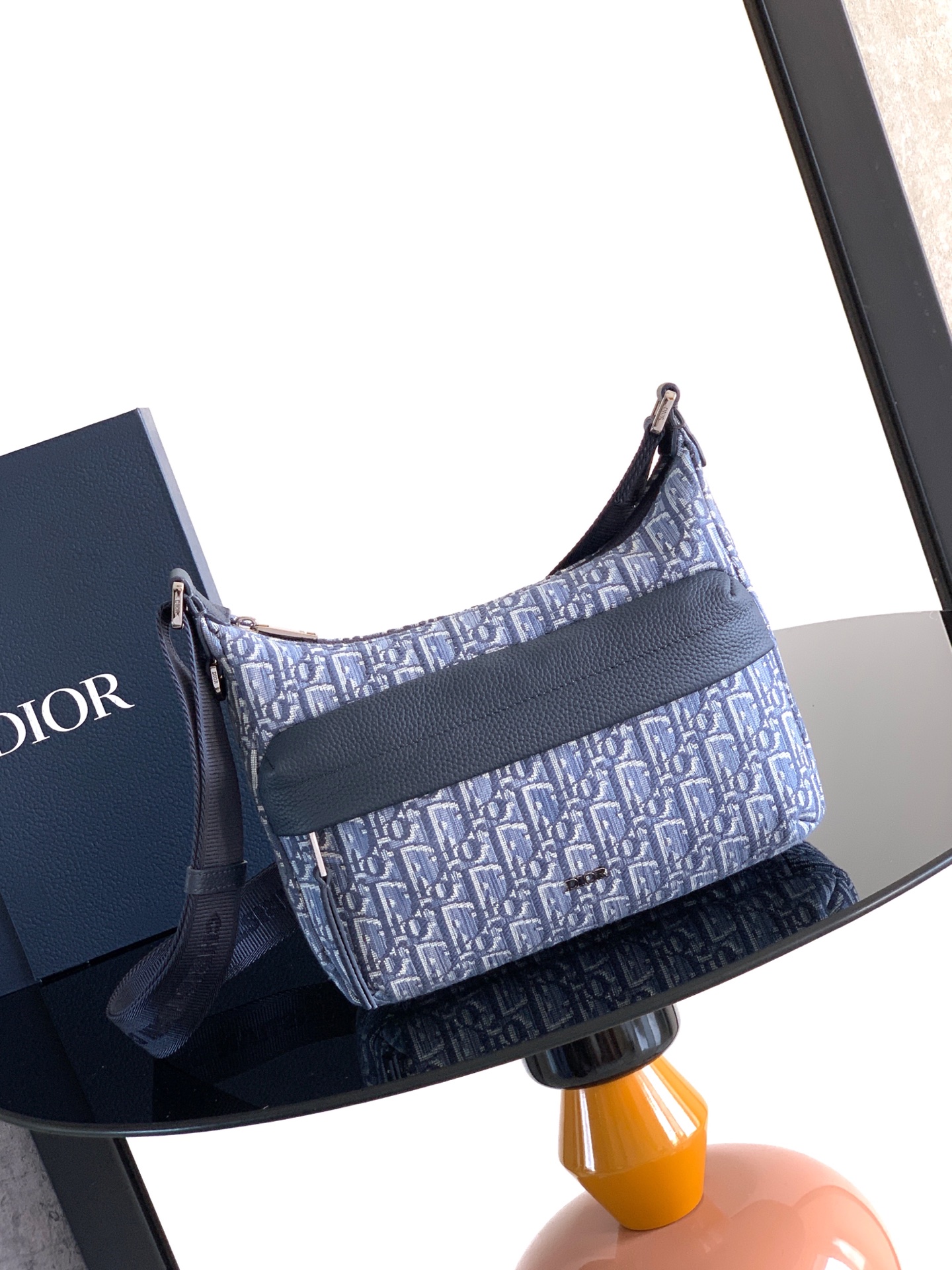 Bagsaaa D10r Small Rider Soft Hobo Bag Blue D10r Oblique Jacquard and Blue Grained Calfskin - 25cm