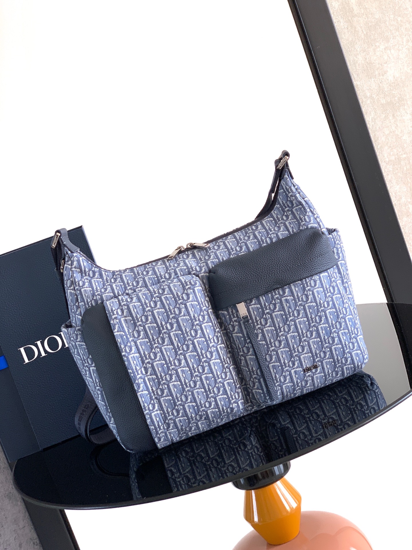 Bagsaaa D10r Medium Rider Soft Hobo Bag Blue D10r Oblique Jacquard and Blue Grained Calfskin - 36cm