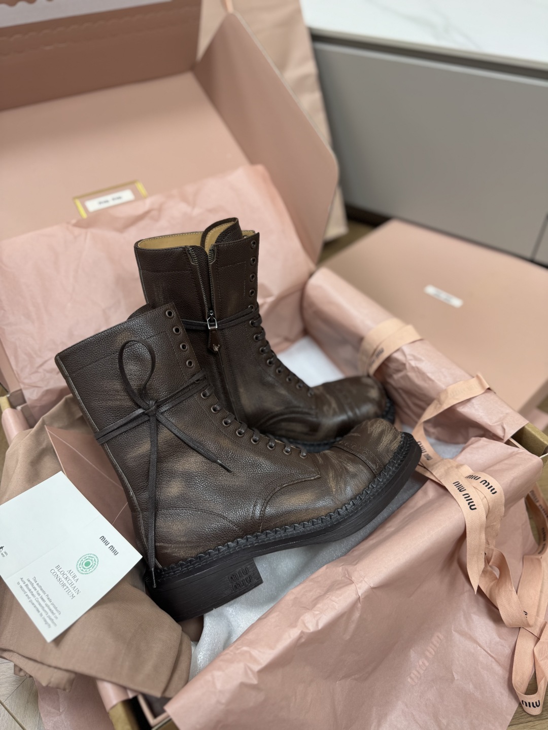 Bagsaaa Miu Miu Leather laced booties Cocoa Brown