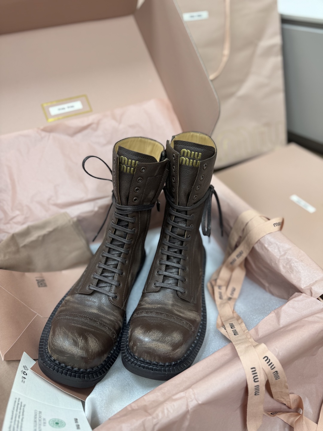 Bagsaaa Miu Miu Leather laced booties Cocoa Brown