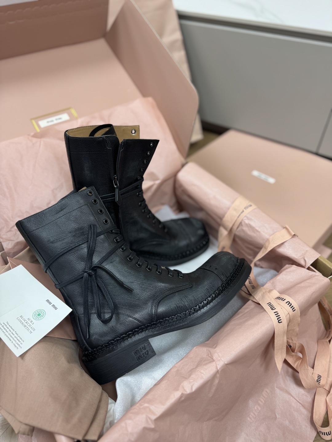 Bagsaaa Miu Miu Leather laced booties black