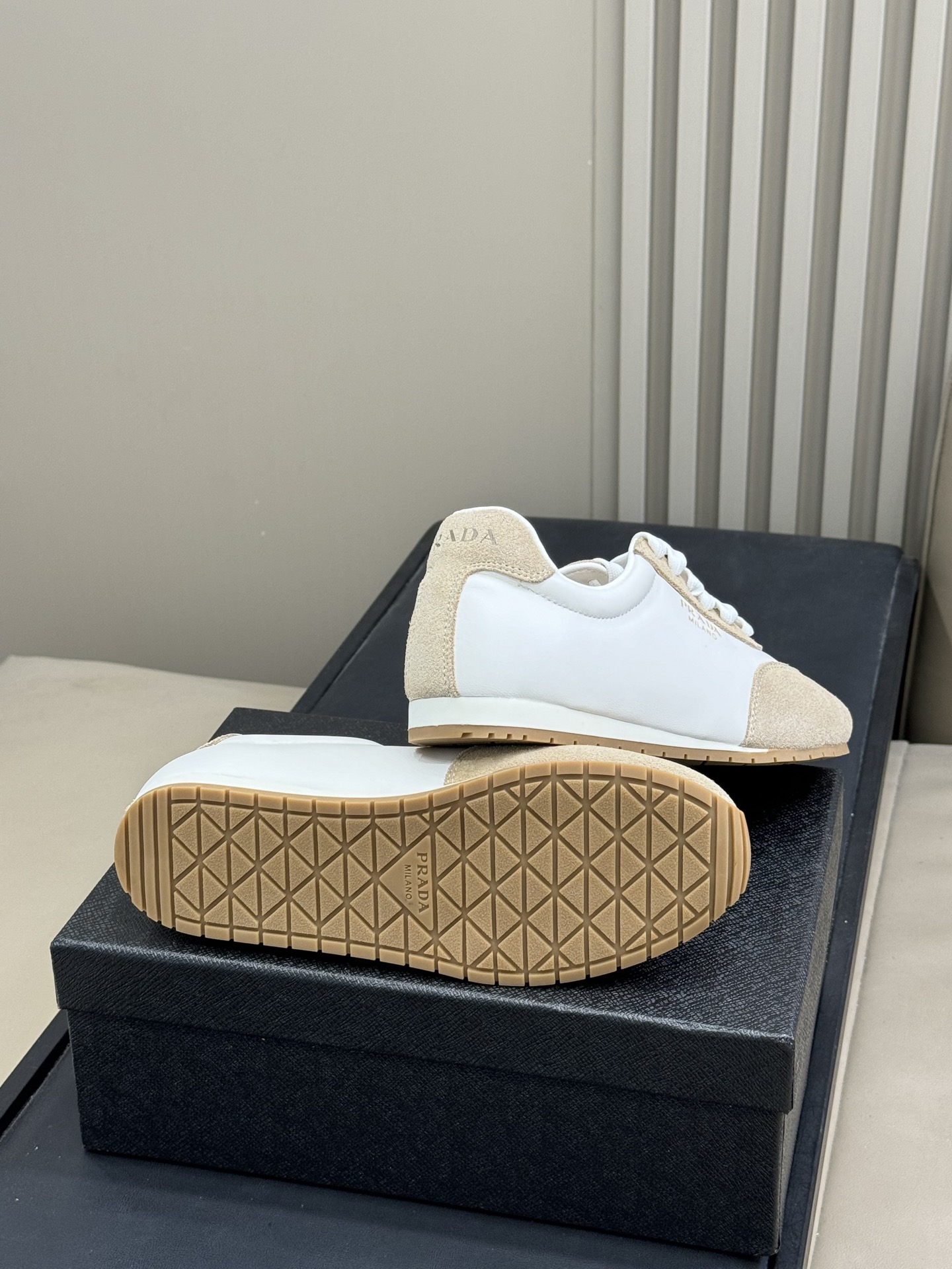 Bagsaaa Pra*a Nappa leather and suede sneakers Ivory/Pumice Gray