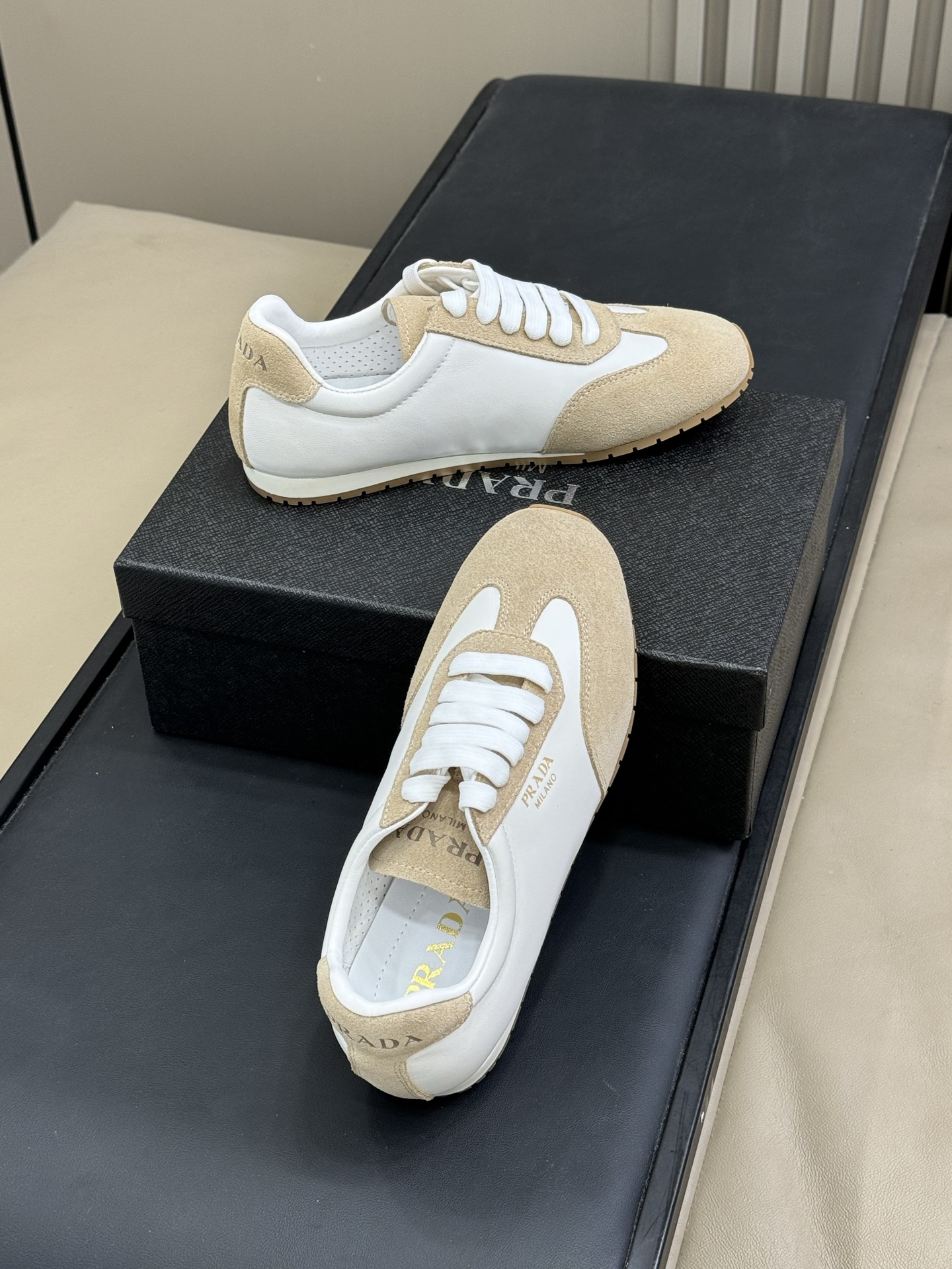 Bagsaaa Pra*a Nappa leather and suede sneakers Ivory/Pumice Gray