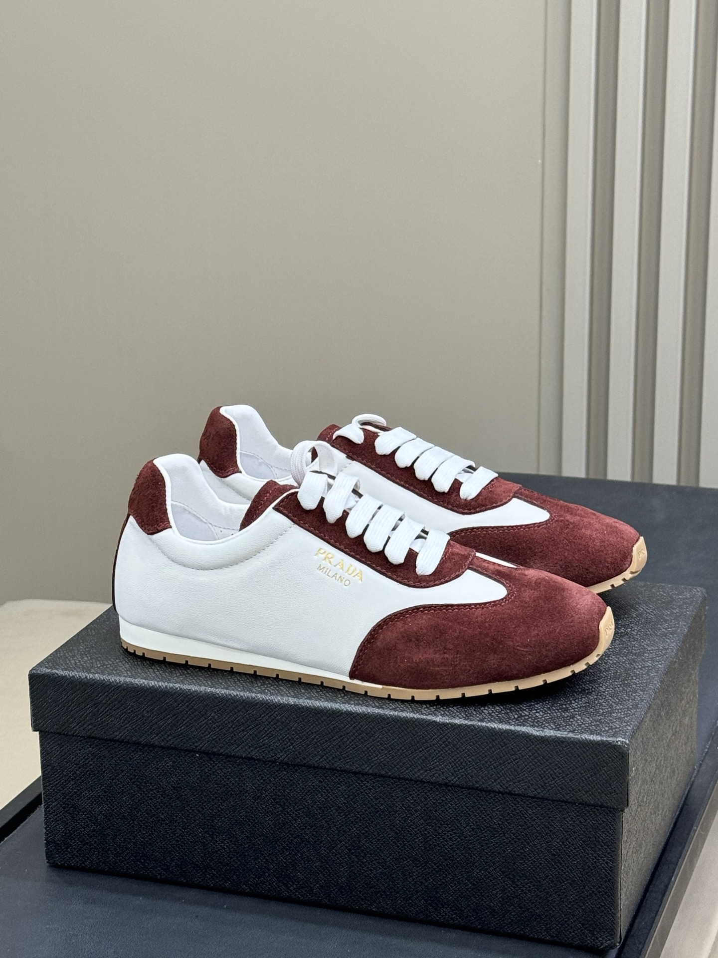 Bagsaaa Pra*a Nappa leather and suede sneakers Ivory/Burgundy