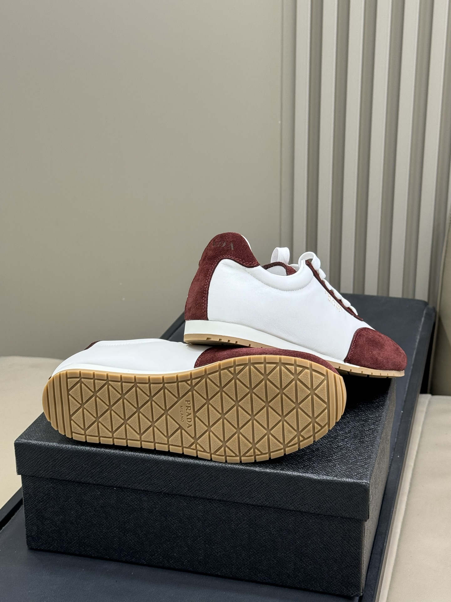 Bagsaaa Pra*a Nappa leather and suede sneakers Ivory/Burgundy