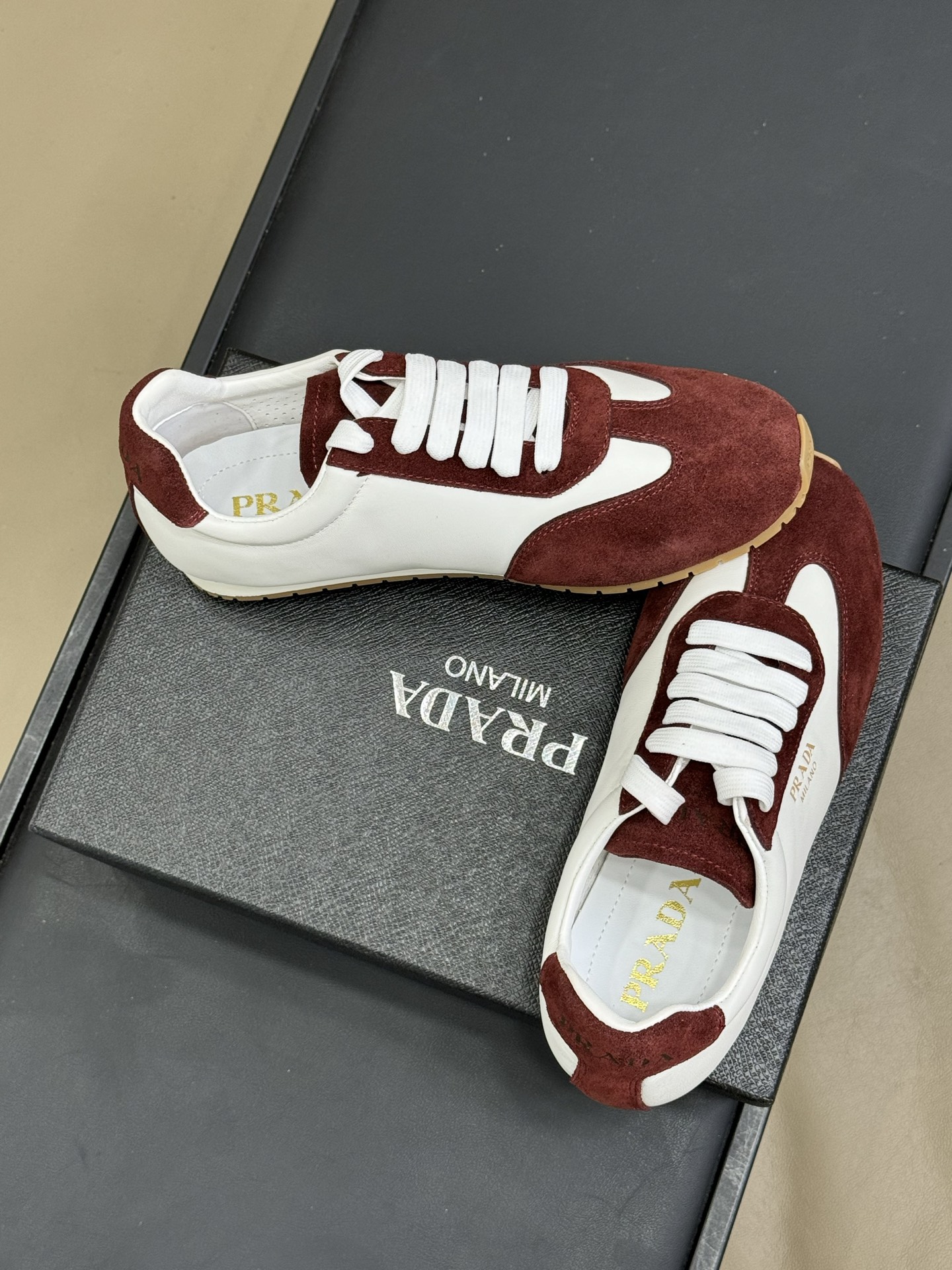 Bagsaaa Pra*a Nappa leather and suede sneakers Ivory/Burgundy