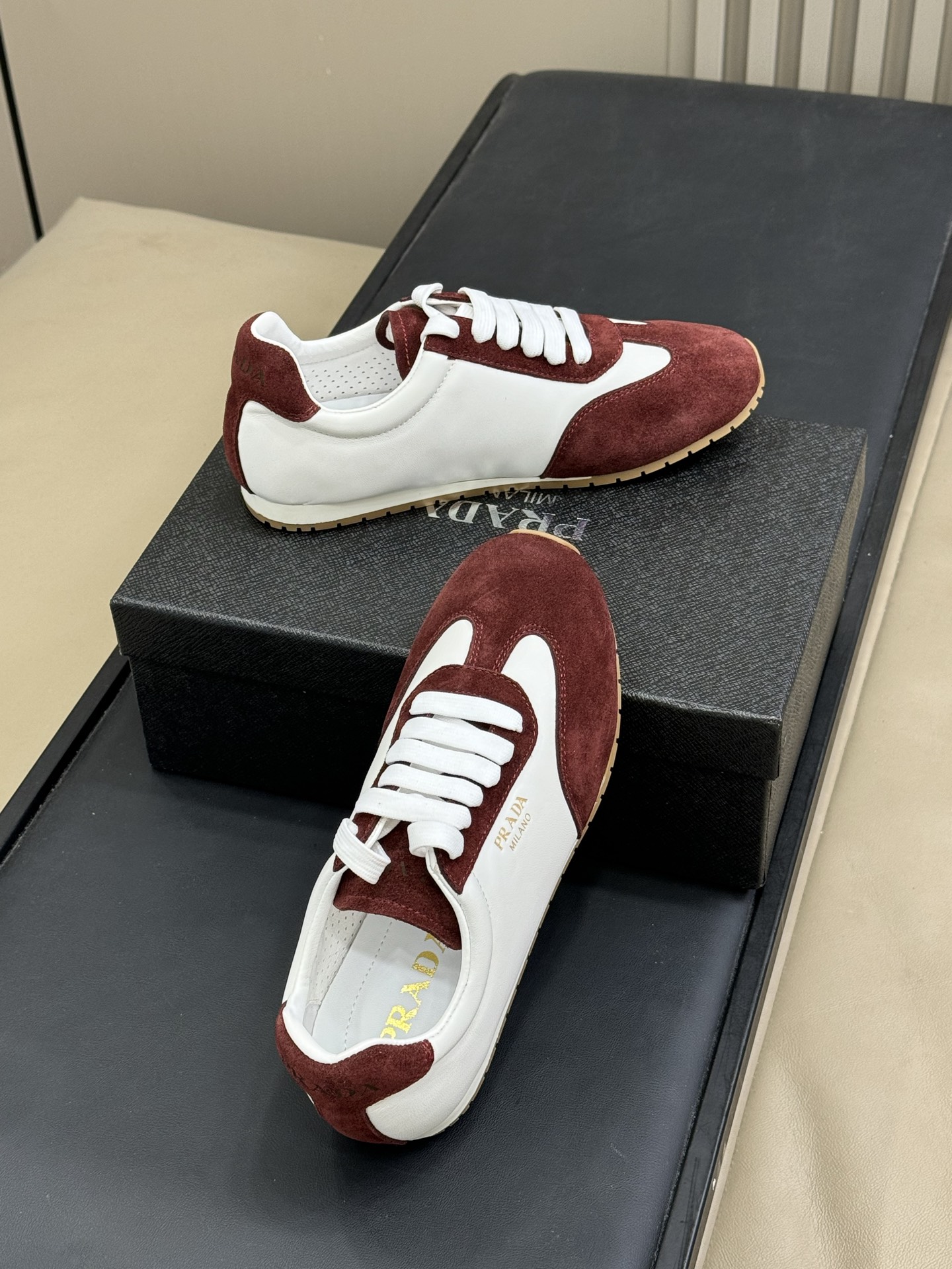 Bagsaaa Pra*a Nappa leather and suede sneakers Ivory/Burgundy