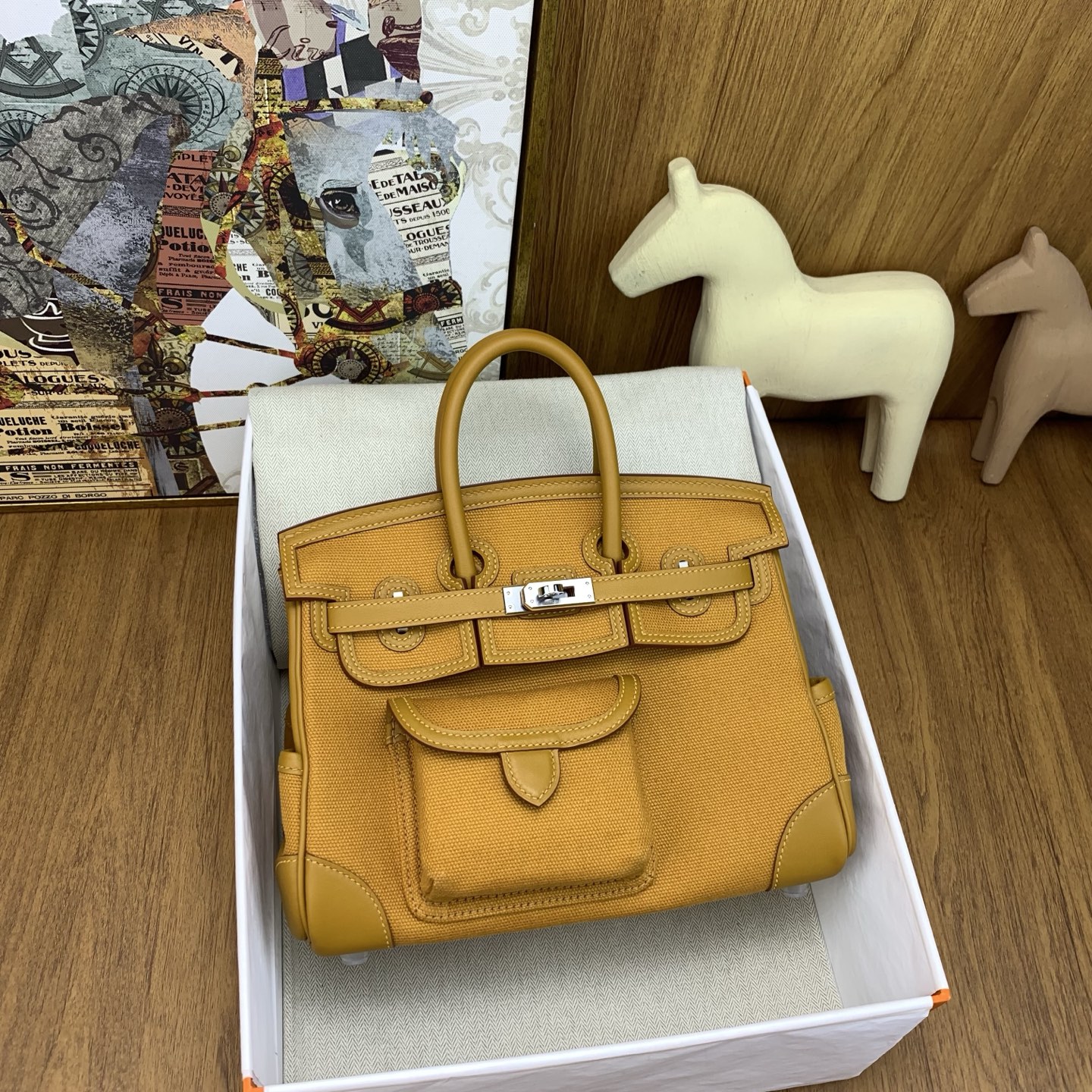 Bagsaaa H**me5 Birkin Cargo 25 bag in canvas and swift leather yellow