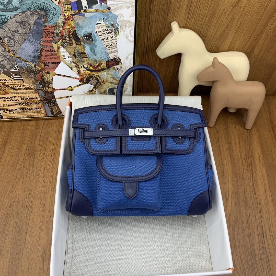 Bagsaaa H**me5 Birkin Cargo 25 bag in canvas and swift leather blue
