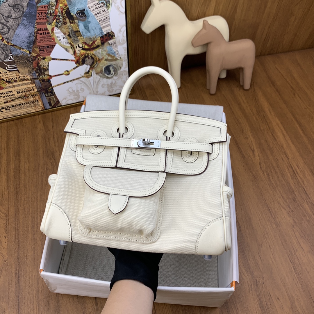 Bagsaaa H**me5 Birkin Cargo 25 bag in canvas and swift leather white