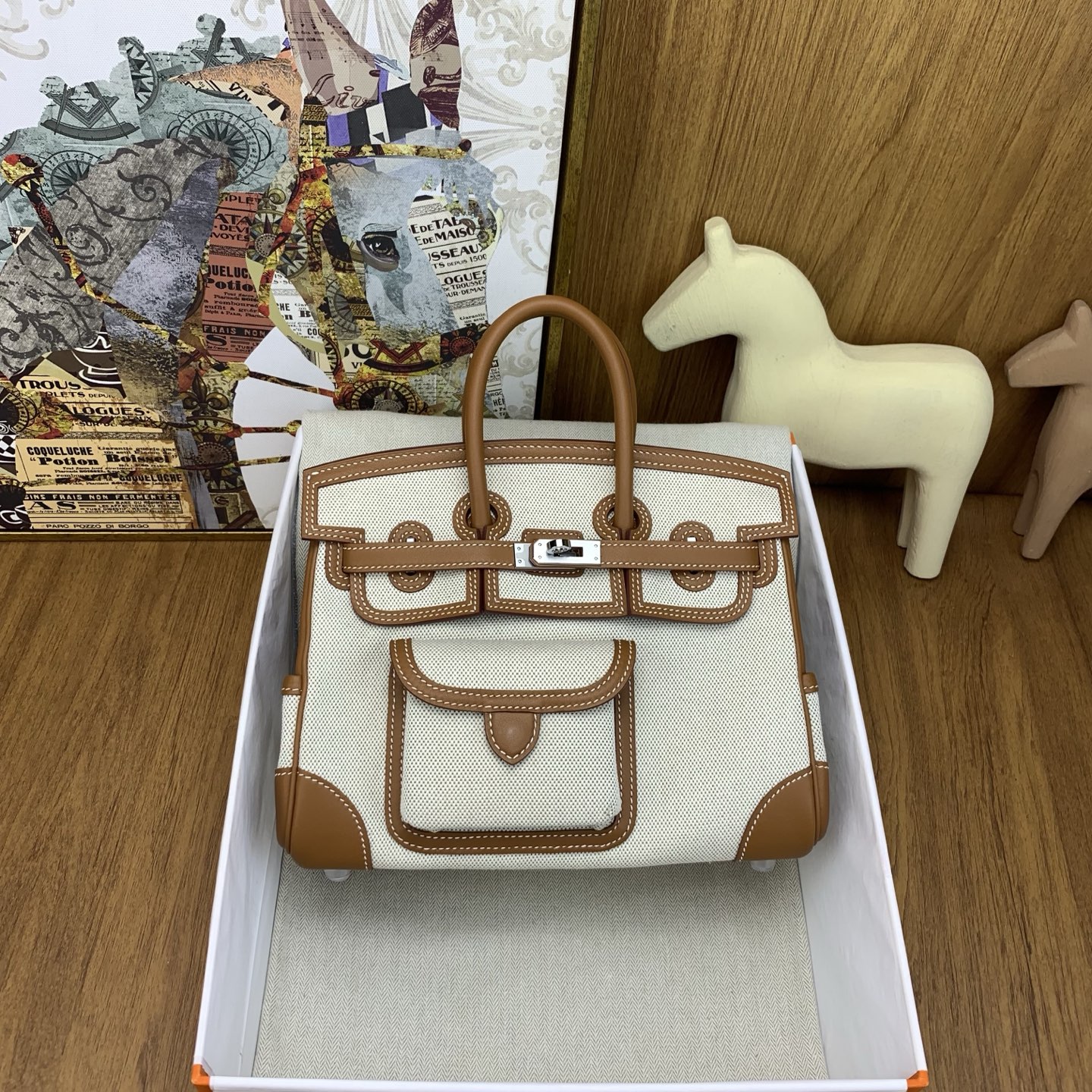 Bagsaaa H**me5 Birkin 25 Cargo handbag in Ecru-Beige Toile H canvas