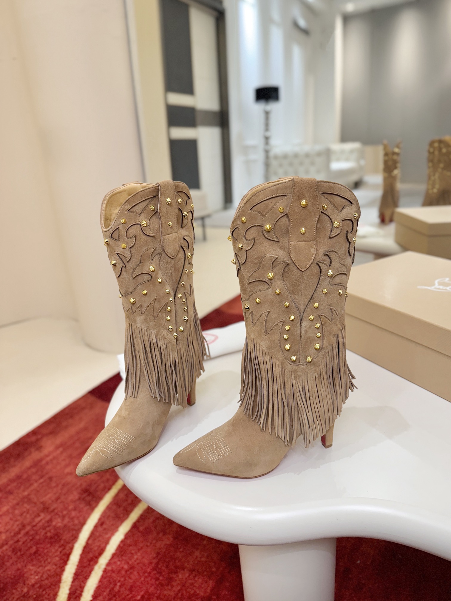 Bagsaaa Chr1st1an Louboutin Santia Fringe 85mm boots in beige