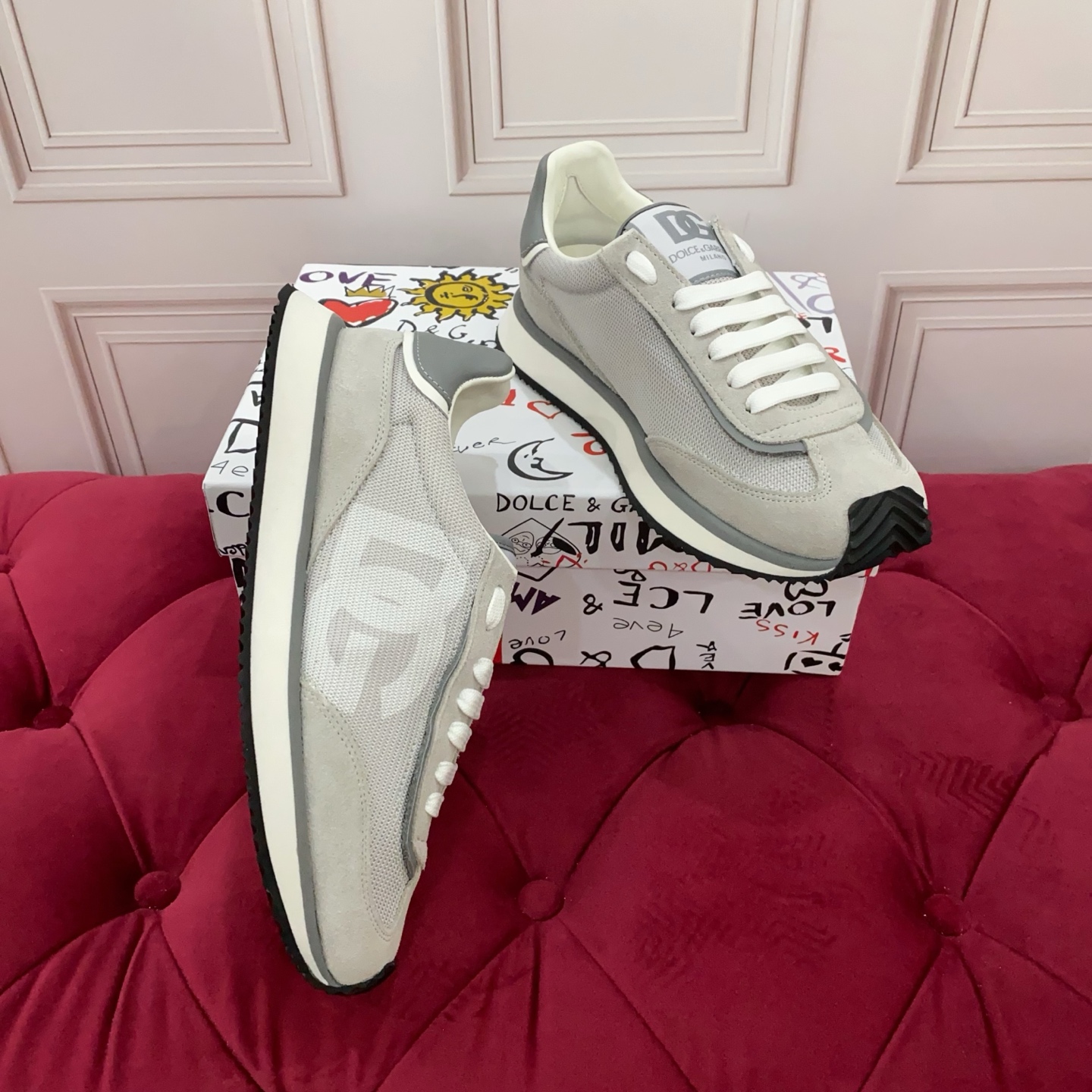 Bagsaaa DG Cushion sneakers in a calfskin and woven technical fabric gray