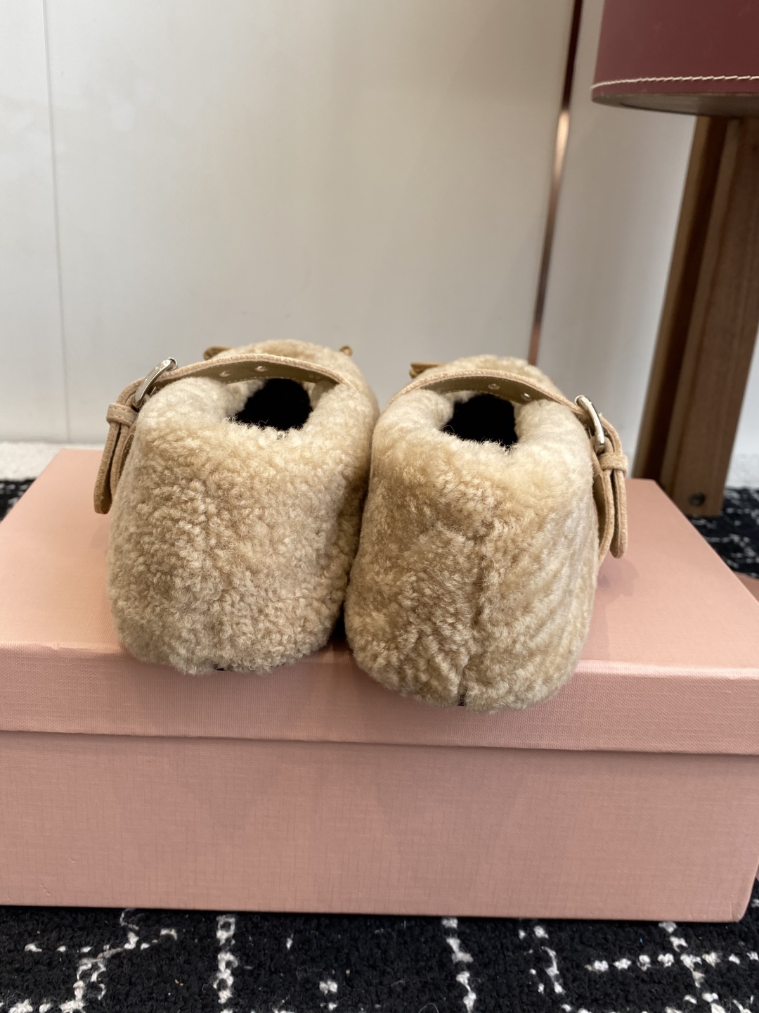 Bagsaaa Miu Miu Shearling Mary Jane Ballerina Flats beige