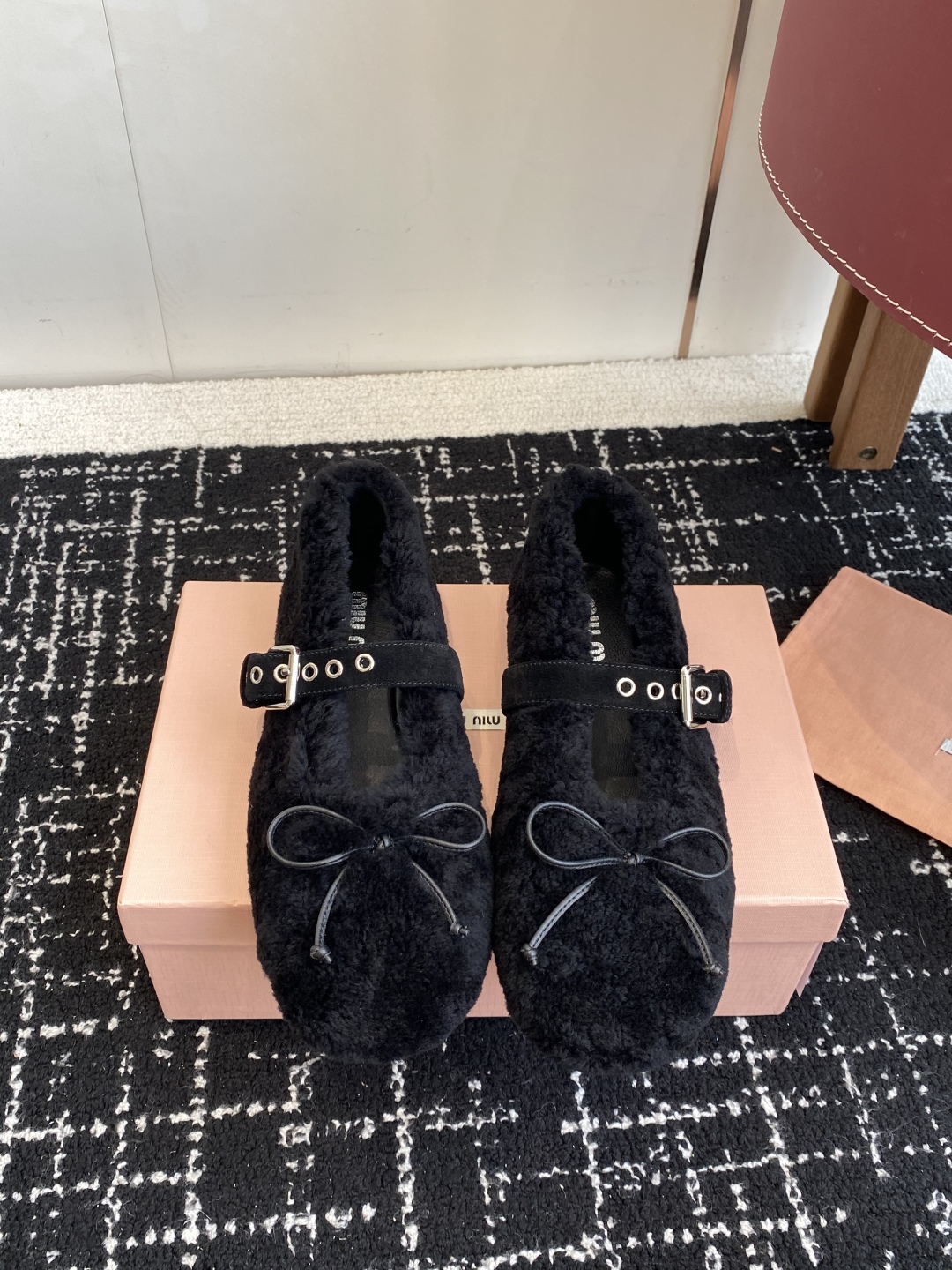 Bagsaaa Miu Miu Shearling Mary Jane Ballerina Flats black