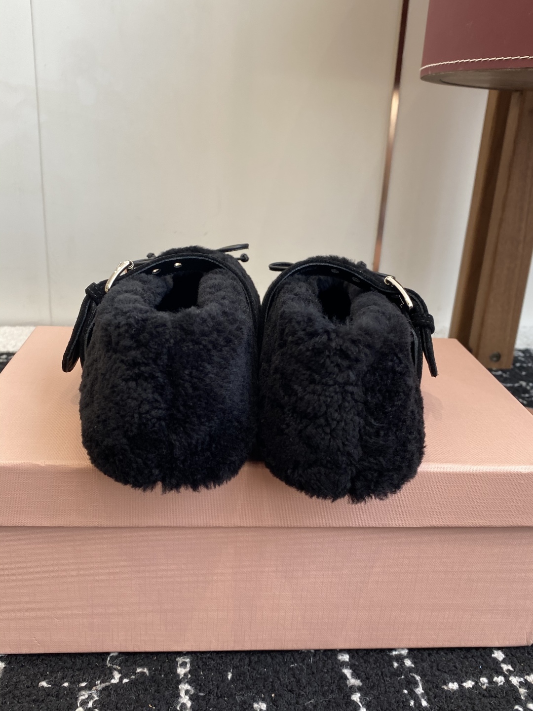 Bagsaaa Miu Miu Shearling Mary Jane Ballerina Flats black
