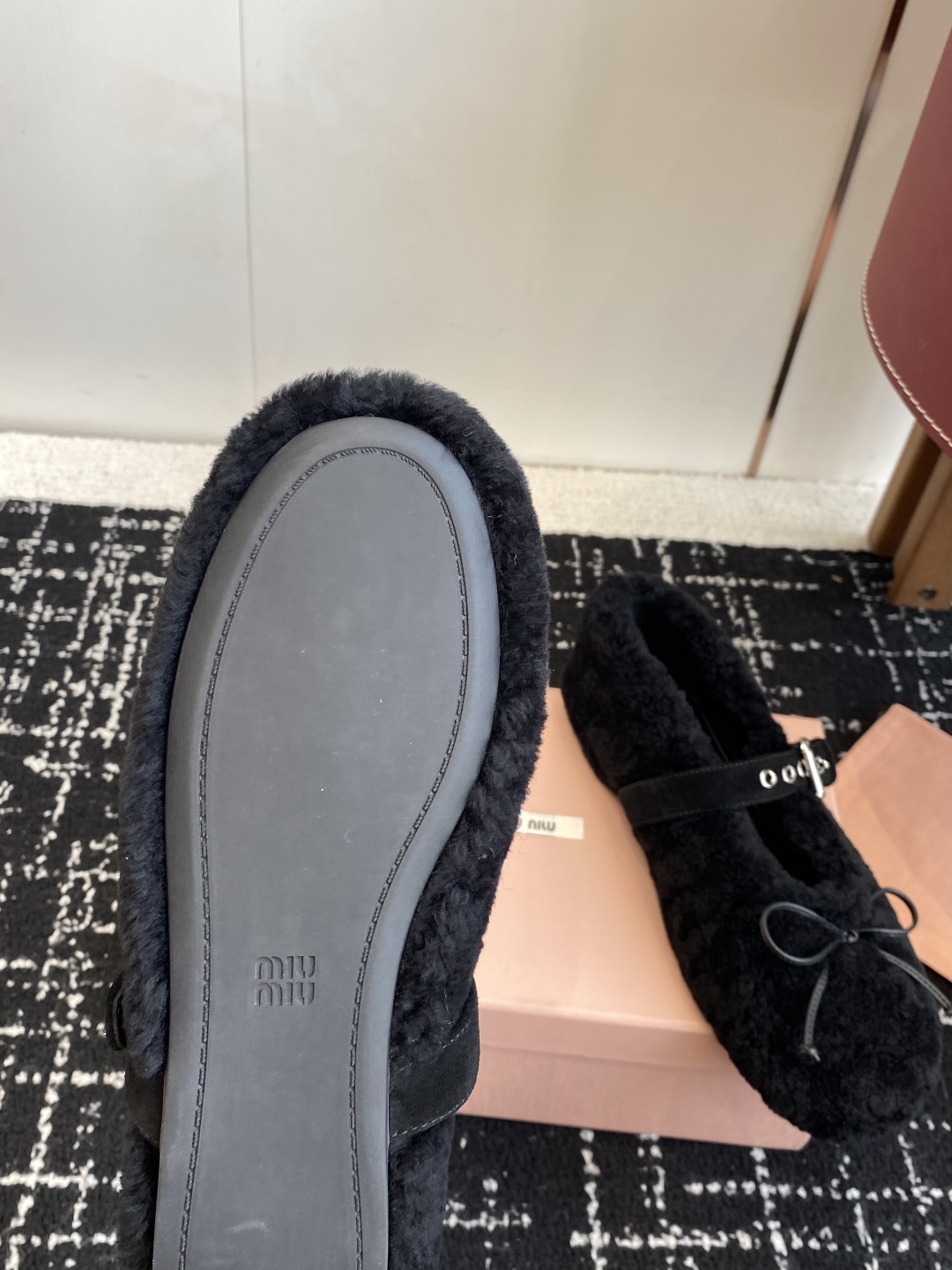 Bagsaaa Miu Miu Shearling Mary Jane Ballerina Flats black
