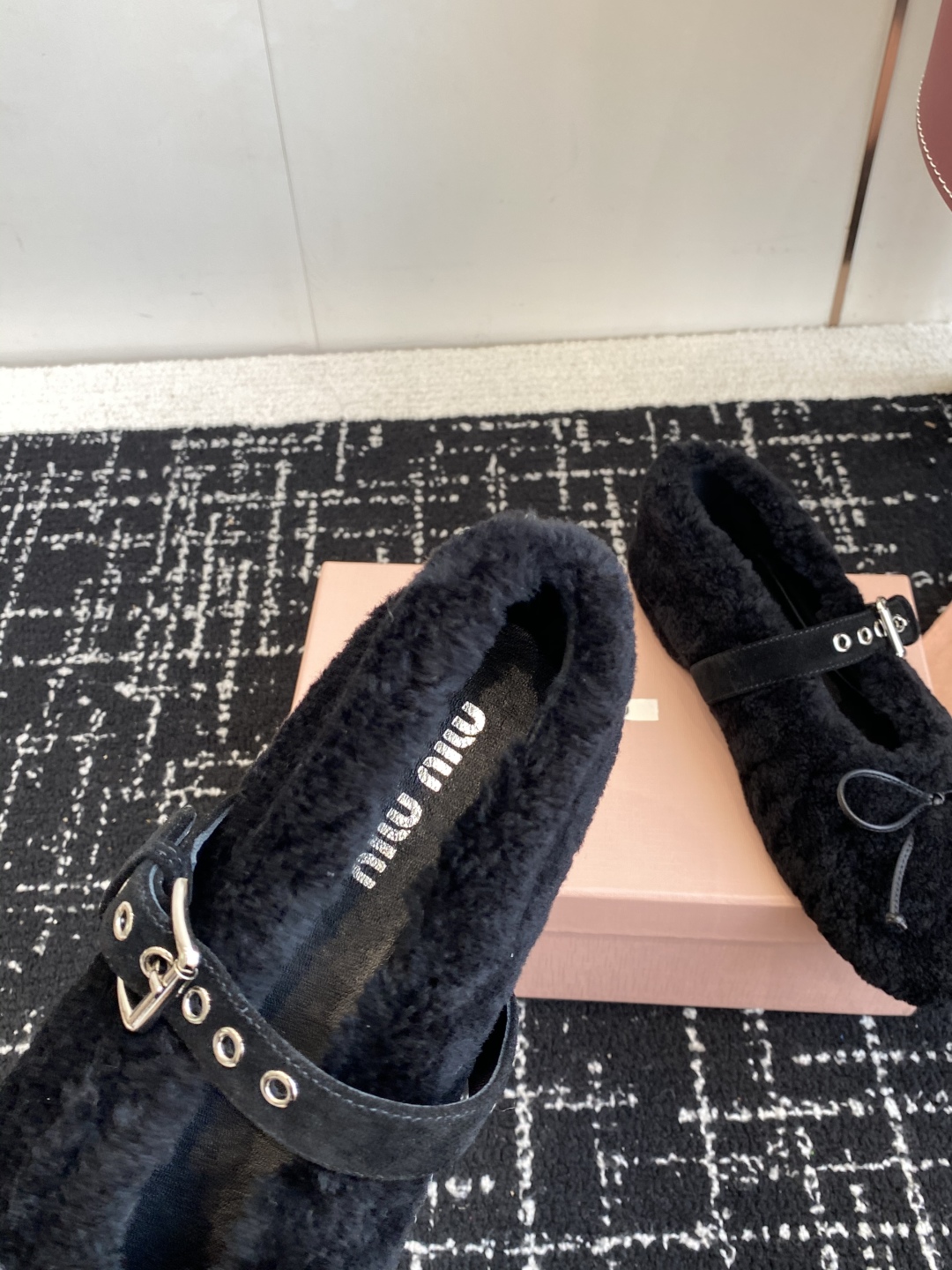 Bagsaaa Miu Miu Shearling Mary Jane Ballerina Flats black