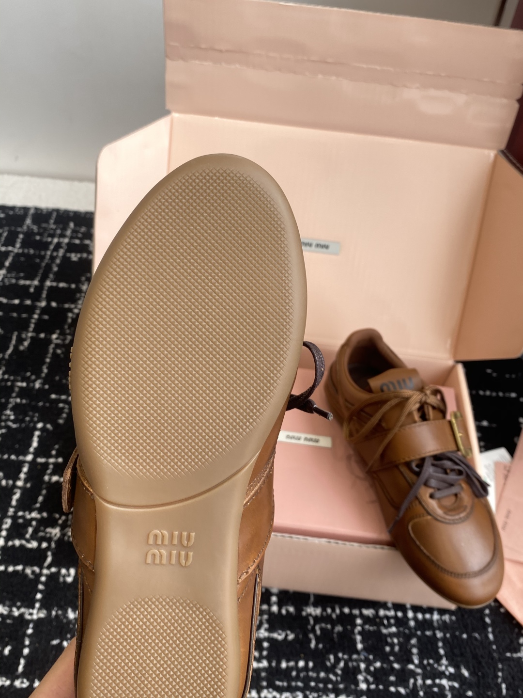 Bagsaaa Miu Miu Leather sneakers with buckle brown