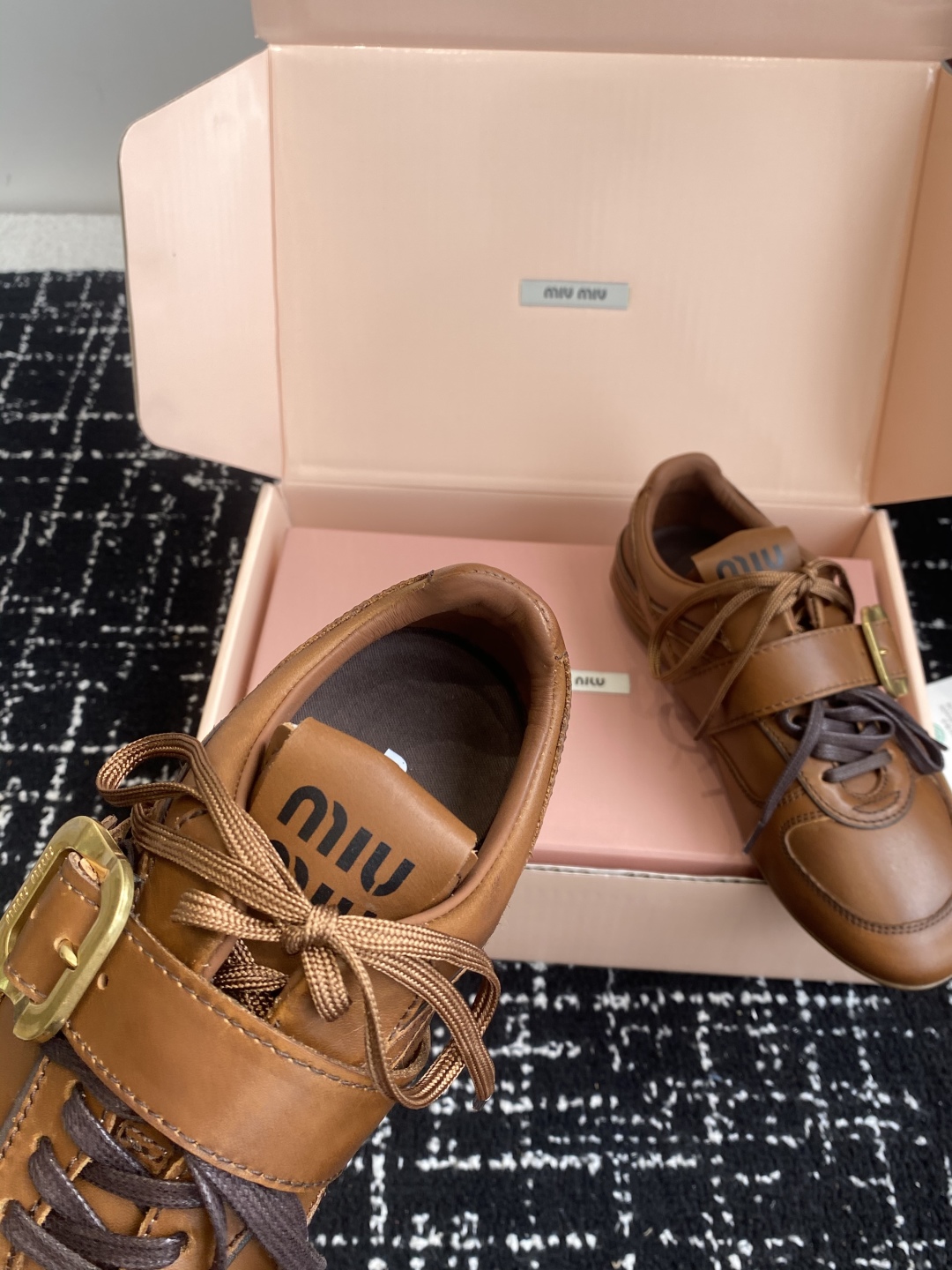 Bagsaaa Miu Miu Leather sneakers with buckle brown