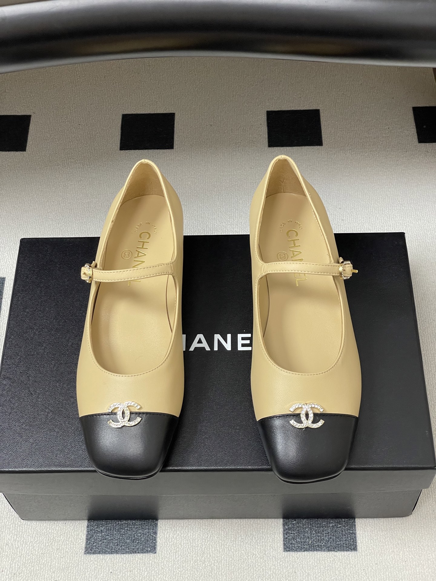Bagsaaa Ch**el black & beige Mary Jane flats with crystal-embellished CC