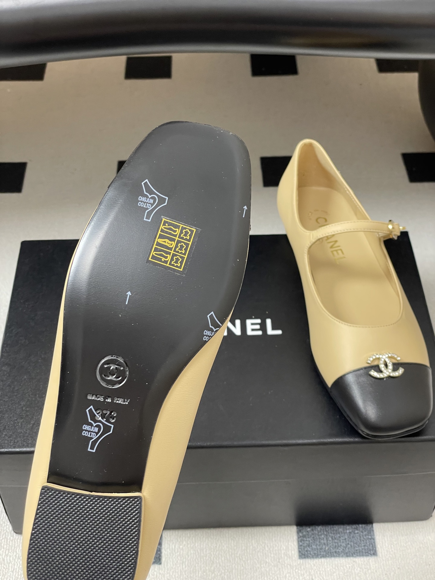 Bagsaaa Ch**el black & beige Mary Jane flats with crystal-embellished CC