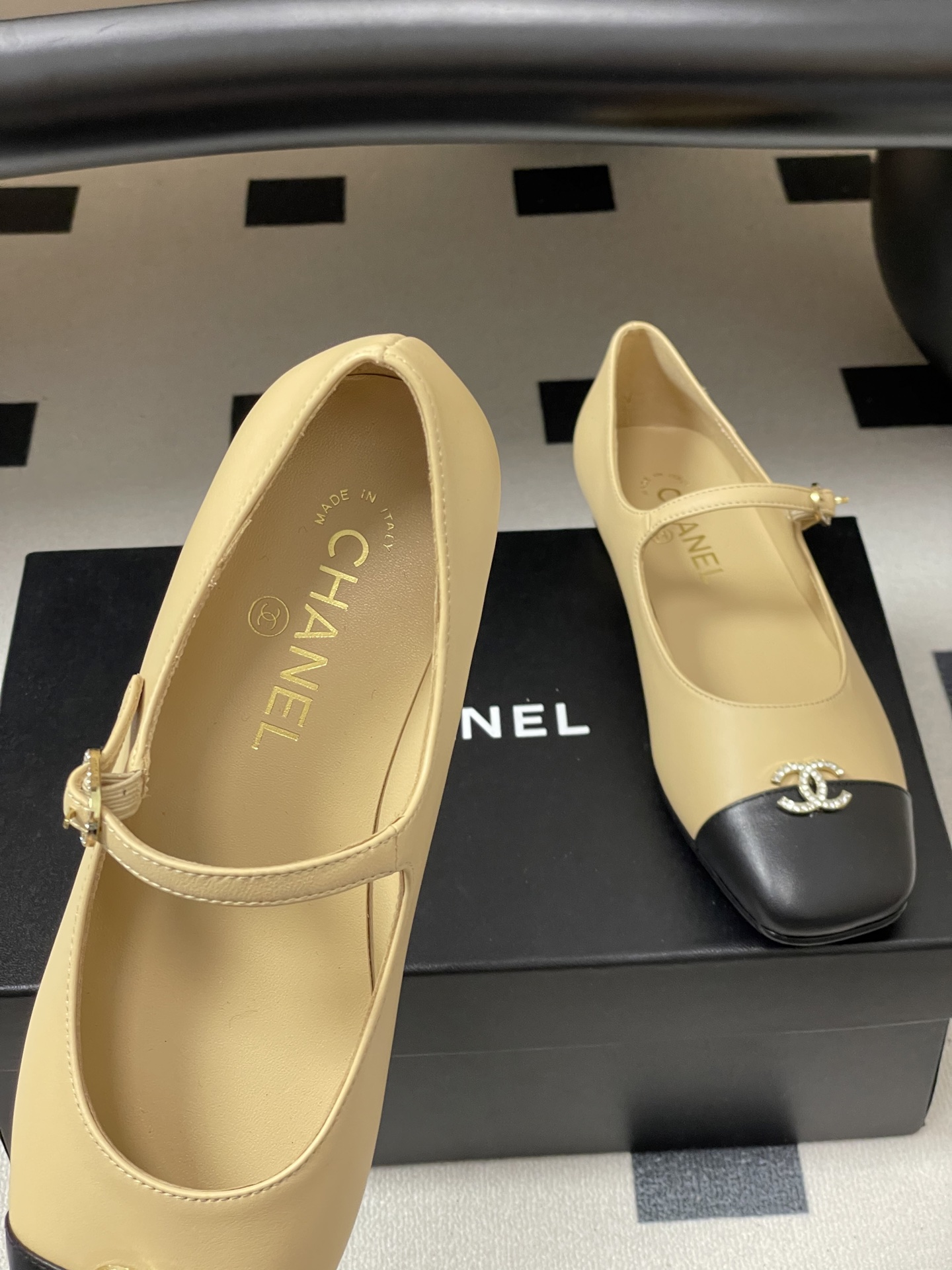 Bagsaaa Ch**el black & beige Mary Jane flats with crystal-embellished CC