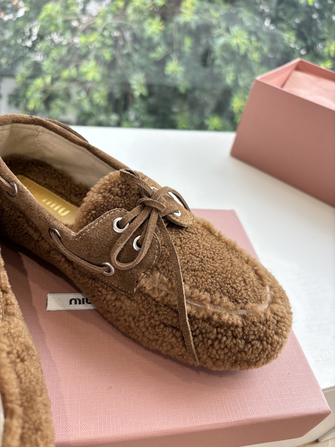 Bagsaaa Miu Miu shearling loafers brown