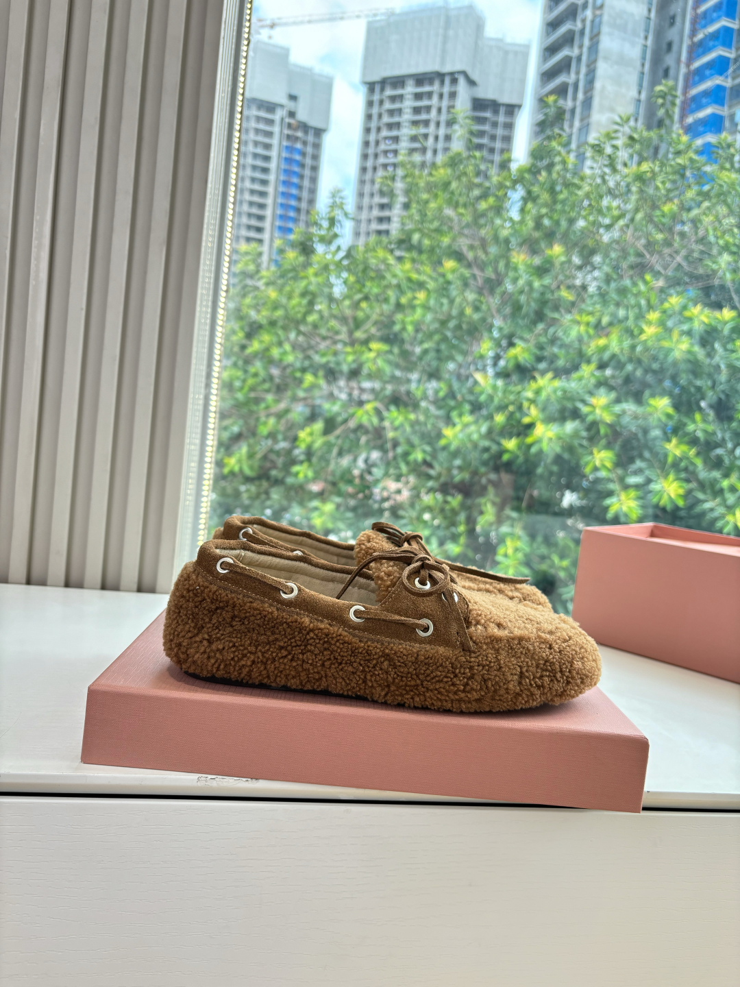 Bagsaaa Miu Miu shearling loafers brown