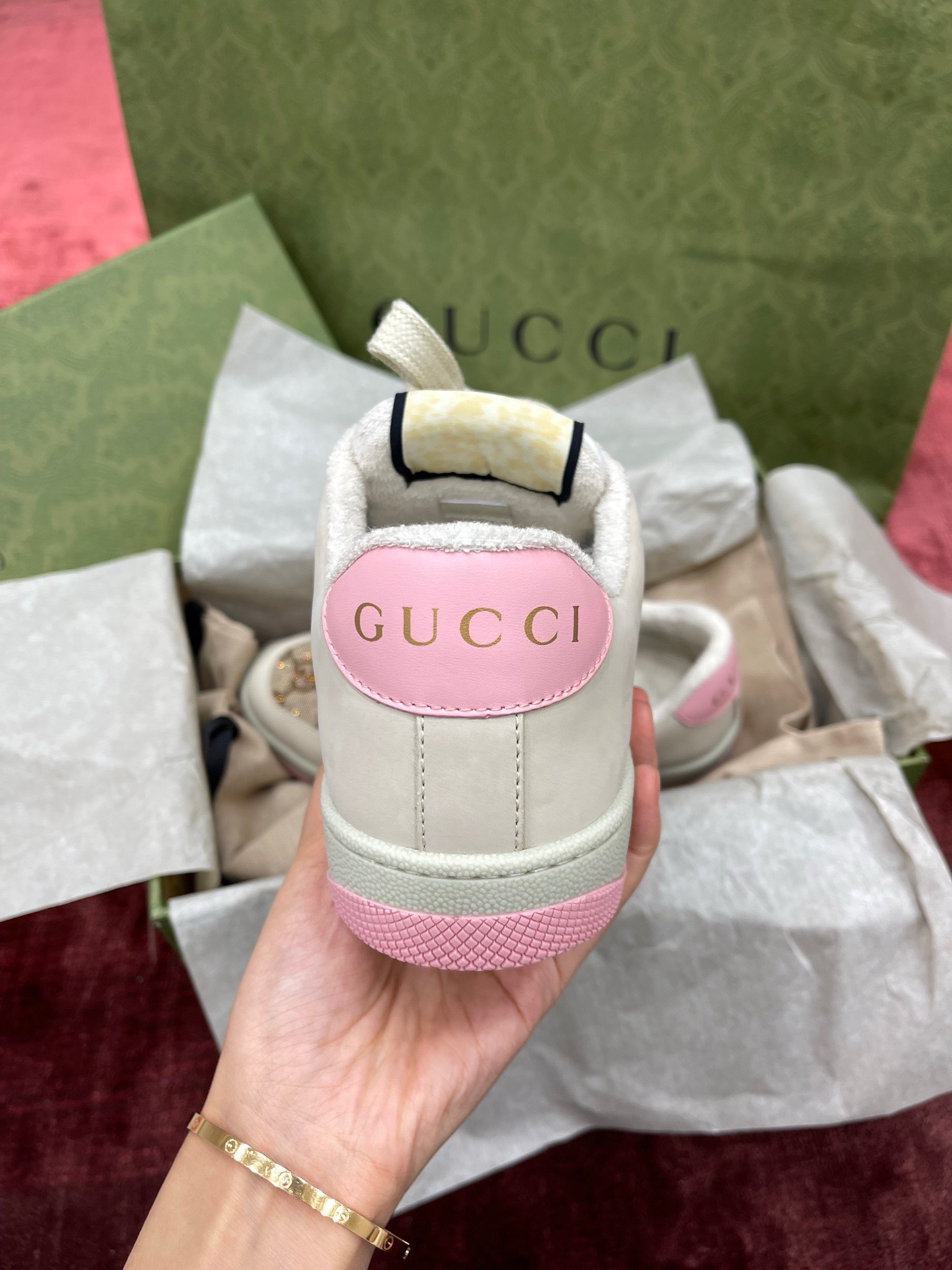 Bagsaaa Gvc*1 Screener sneaker in beige and ebony GG canvas with pink