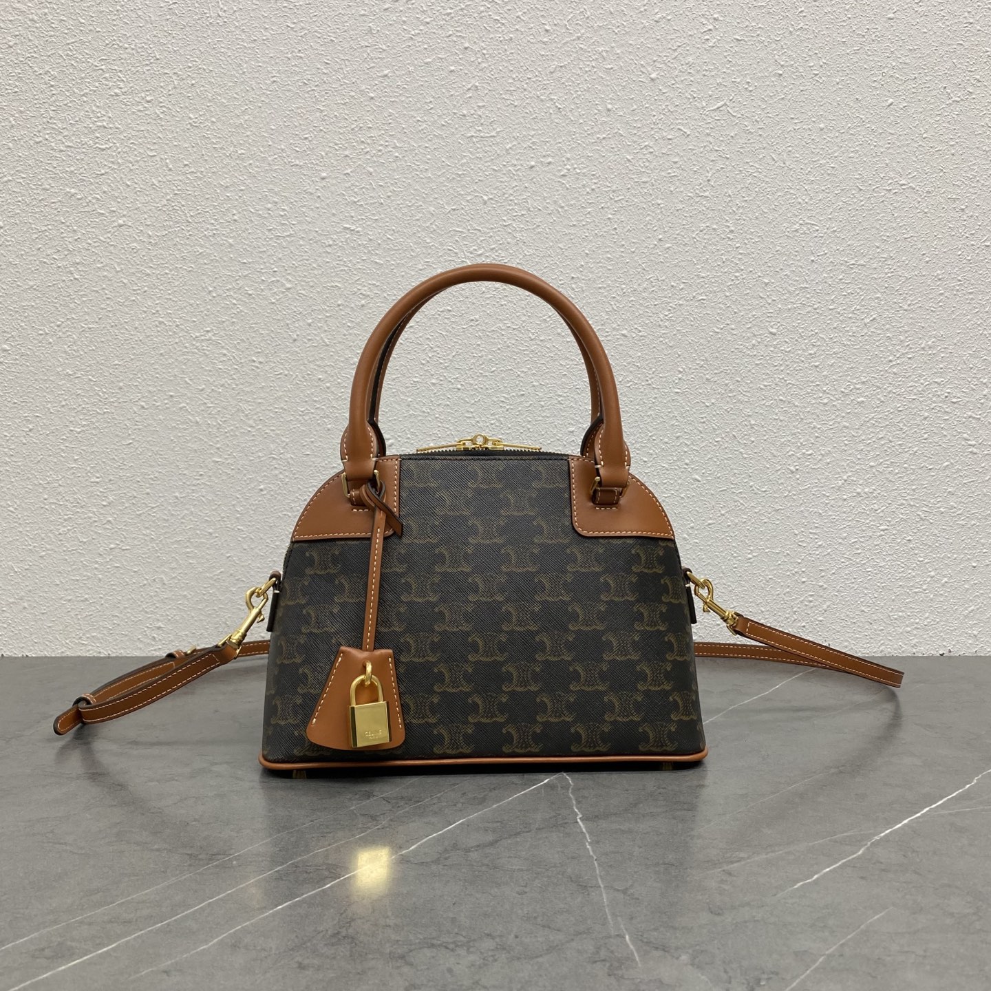Bagsaaa Ce1i*e Small Bowling bag in Triomphe Canvas and Calfskin leather brown - 25cm