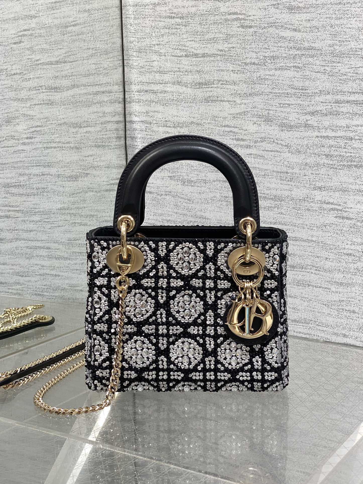 Bagsaaa Mini Lady D10r Bag Cannage Embroidery with Black Beads and Silver-Tone Strass - 17cm