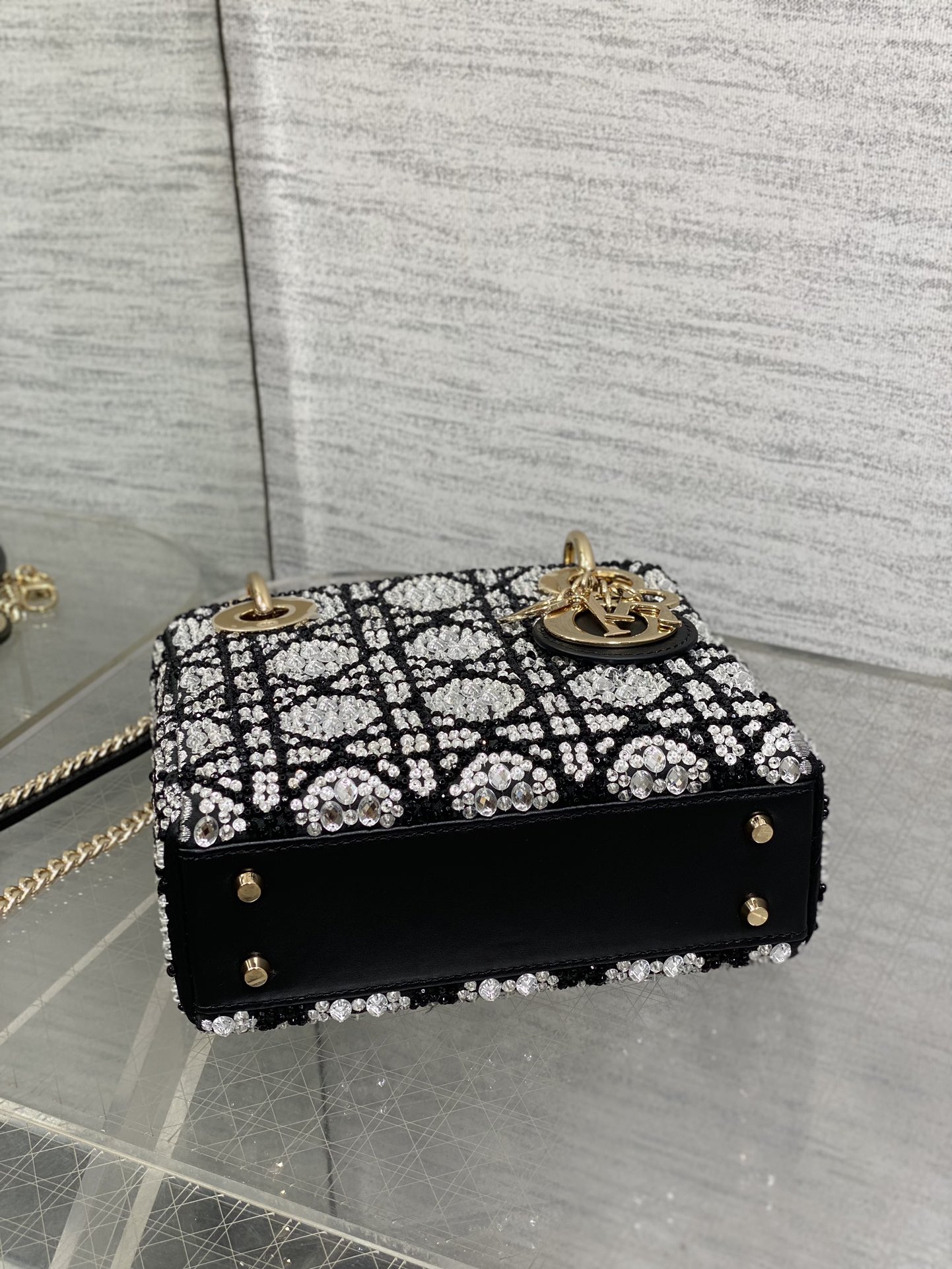Bagsaaa Mini Lady D10r Bag Cannage Embroidery with Black Beads and Silver-Tone Strass - 17cm