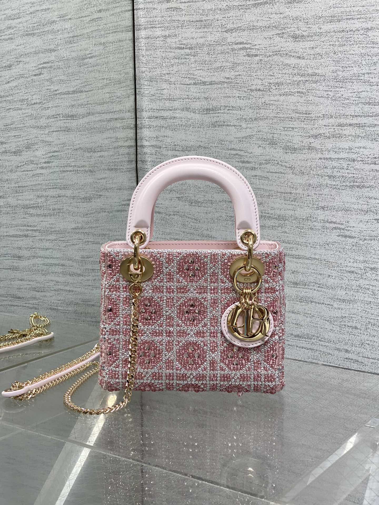 Bagsaaa Mini Lady D10r Bag Cannage Embroidery with Pink Beads and Silver-Tone Strass - 17cm
