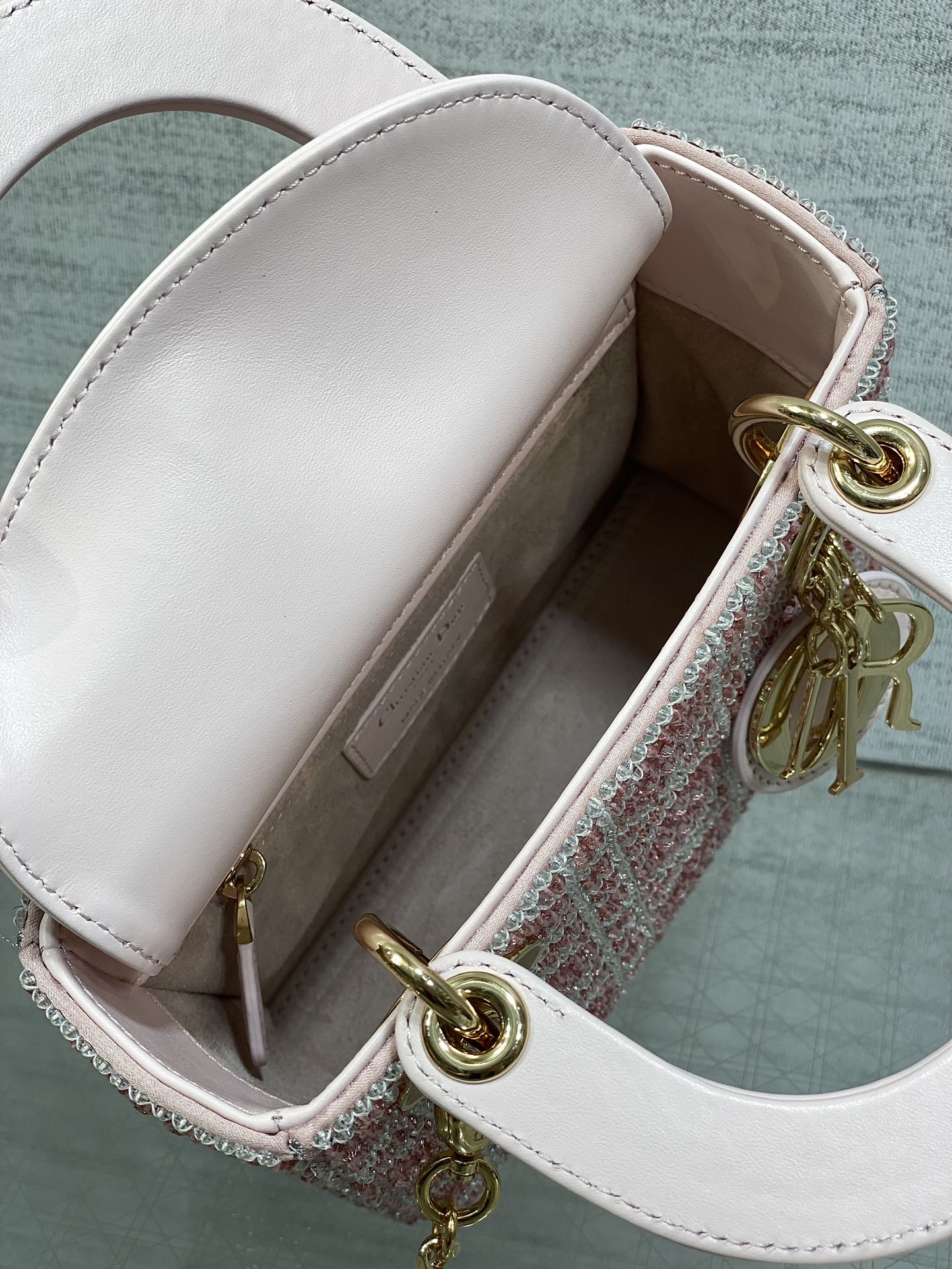 Bagsaaa Mini Lady D10r Bag Cannage Embroidery with Pink Beads and Silver-Tone Strass - 17cm