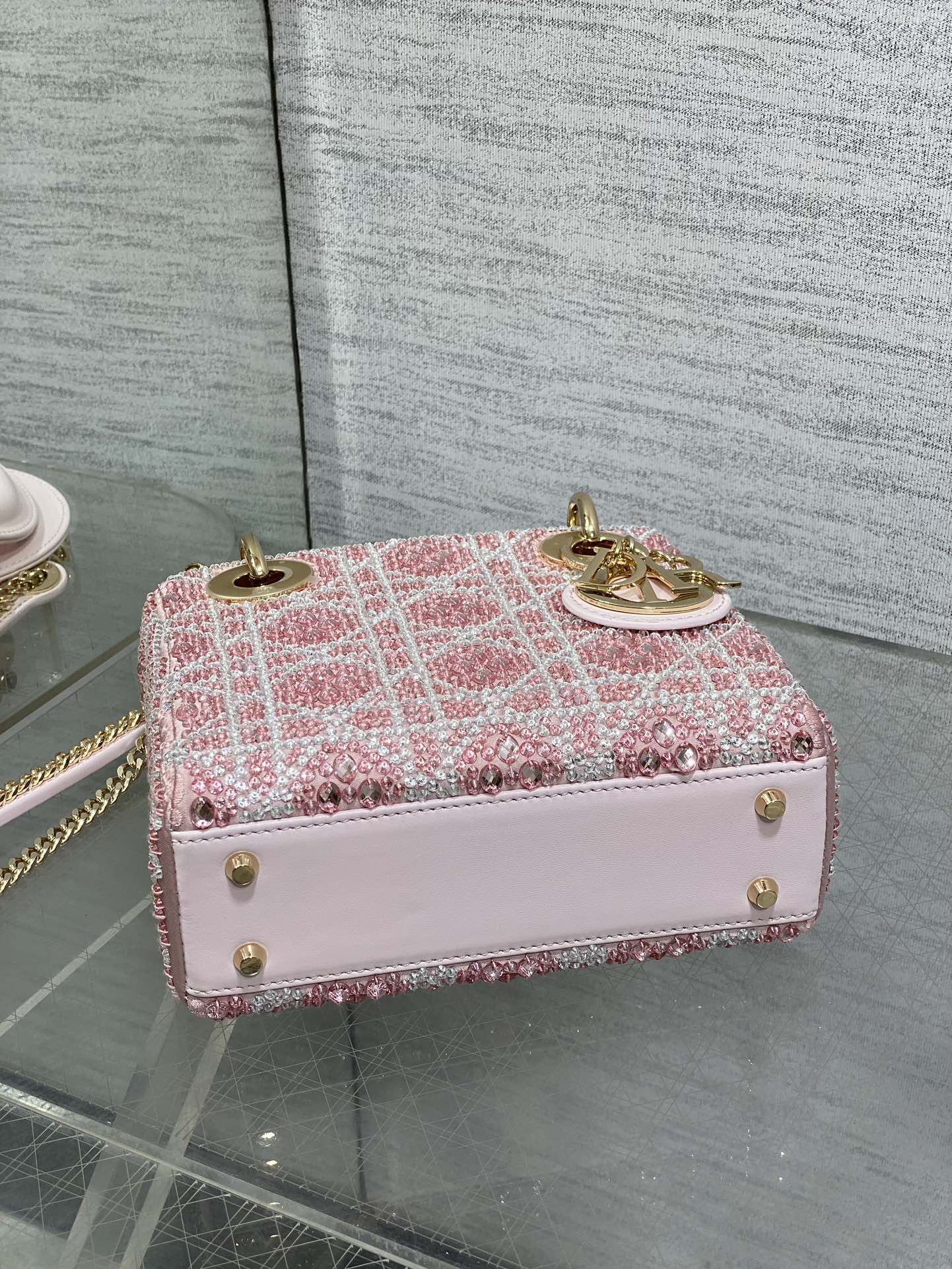 Bagsaaa Mini Lady D10r Bag Cannage Embroidery with Pink Beads and Silver-Tone Strass - 17cm