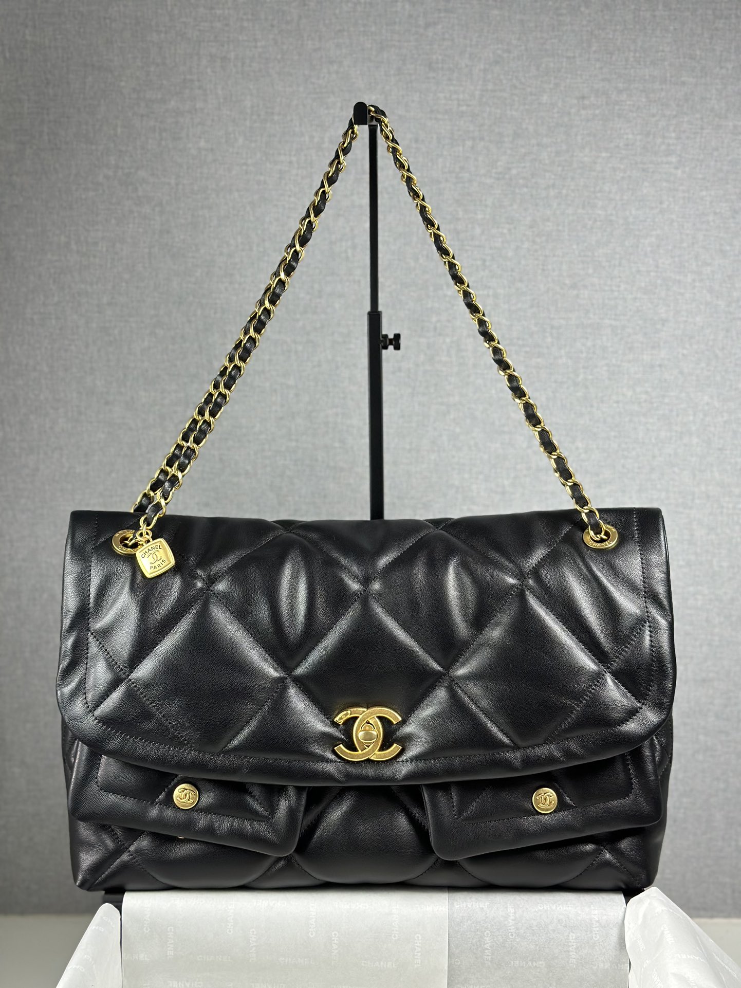 Bagsaaa Ch**el Quilted Iridescent Calfskin Leather Jumbo Bag black - 45cm