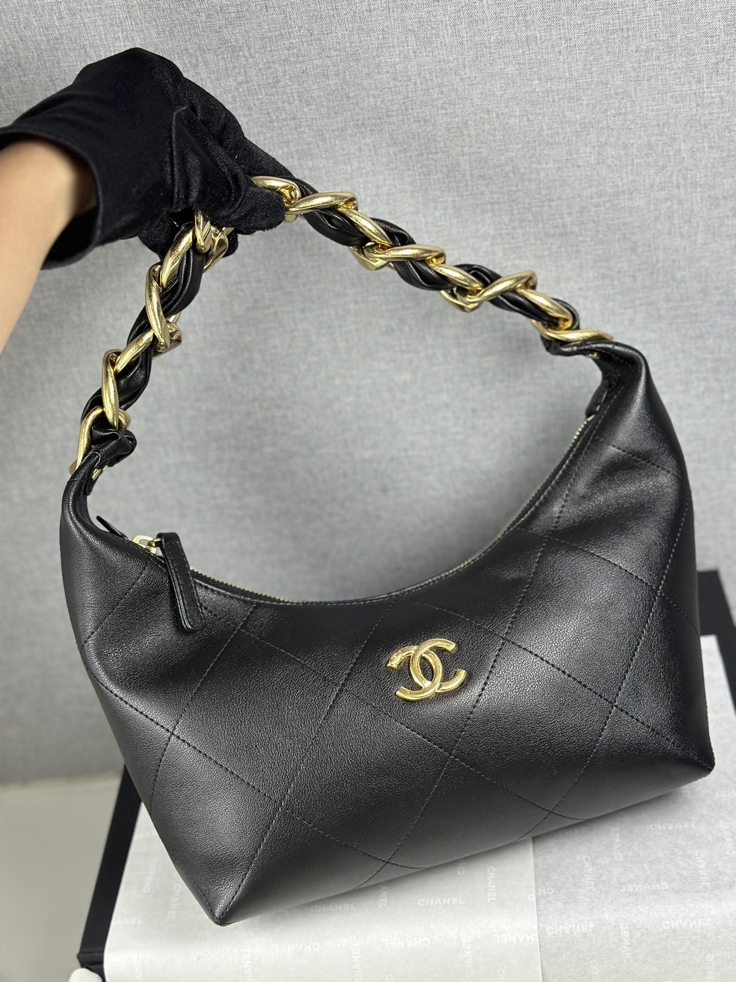 Bagsaaa Ch**el hobo bag with a D1am0nd quilting pattern black