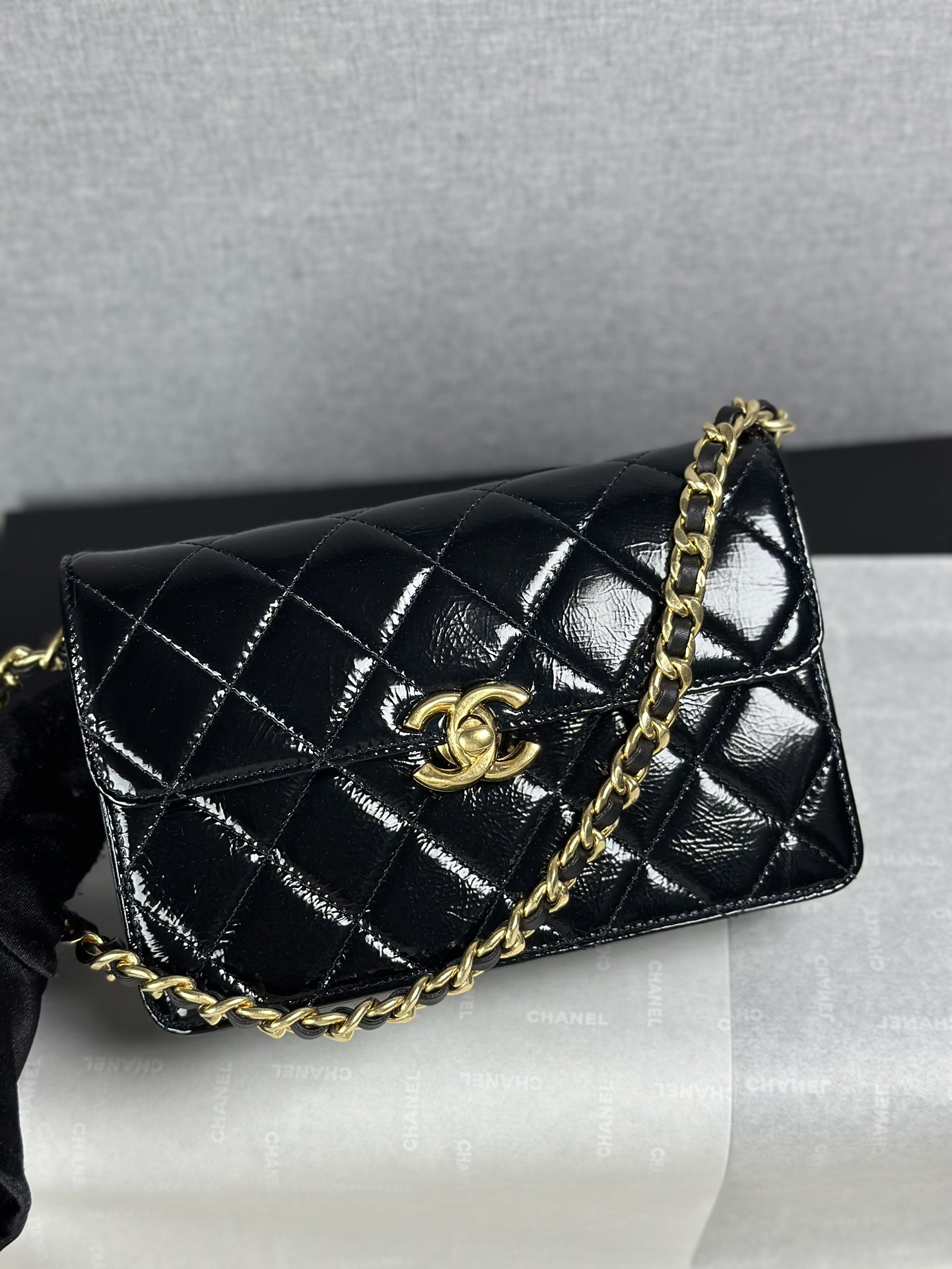 Bagsaaa Ch**el Mini Flap Bag AS5618 Black Patent - 19.5cm