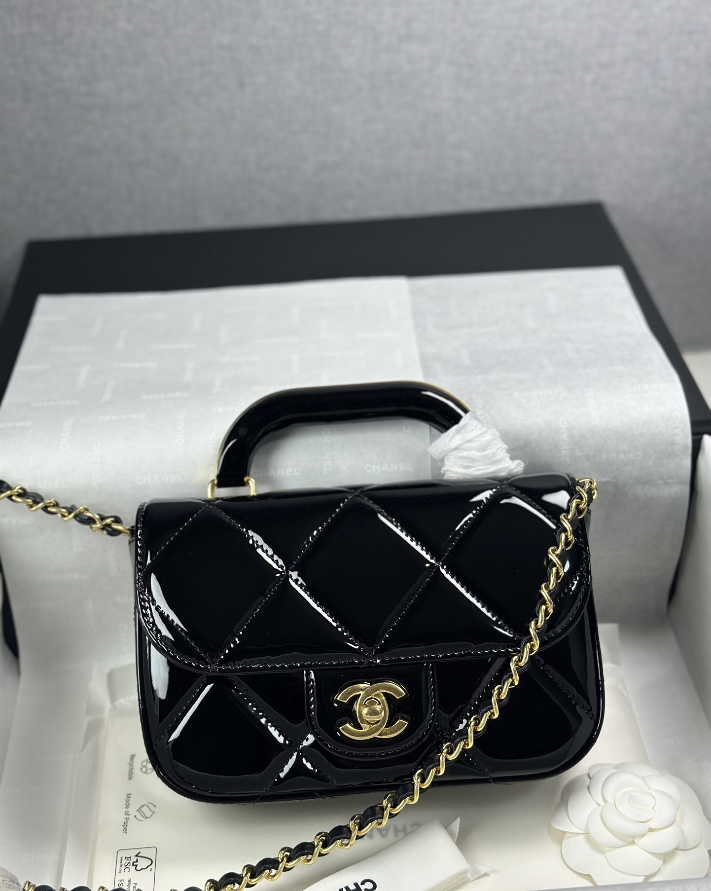 Bagsaaa Ch**el Mini Flap Bag with Top Handle AS5805 Black Patent - 18.5cm