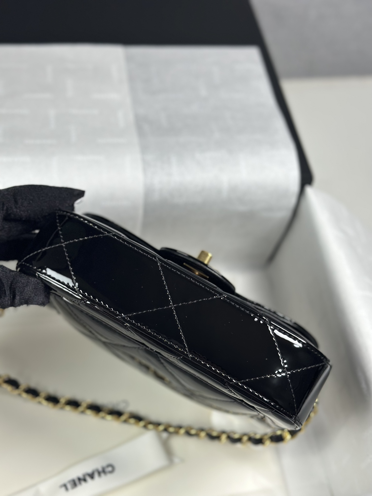 Bagsaaa Ch**el Mini Flap Bag with Top Handle AS5805 Black Patent - 18.5cm