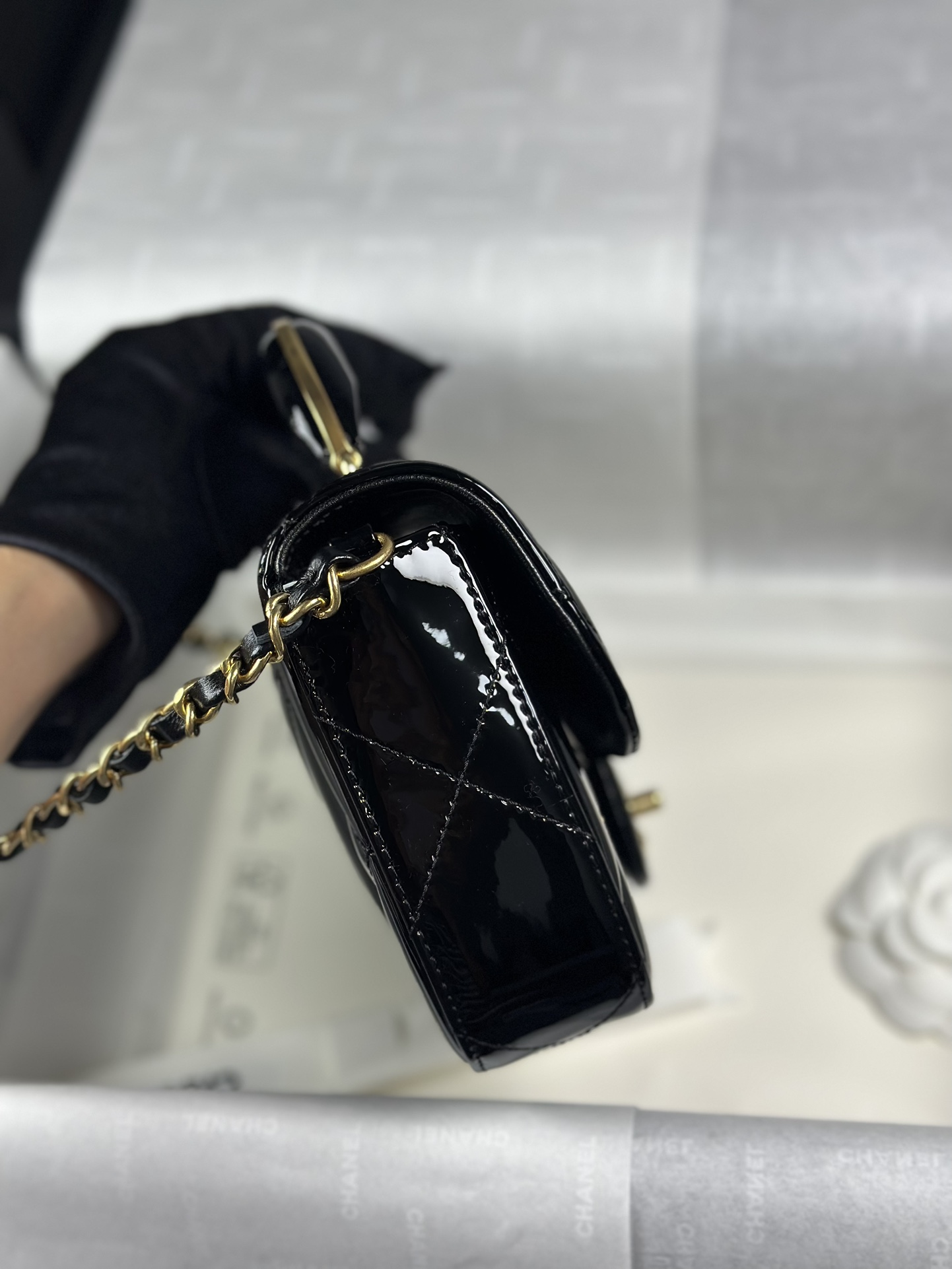 Bagsaaa Ch**el Mini Flap Bag with Top Handle AS5805 Black Patent - 18.5cm