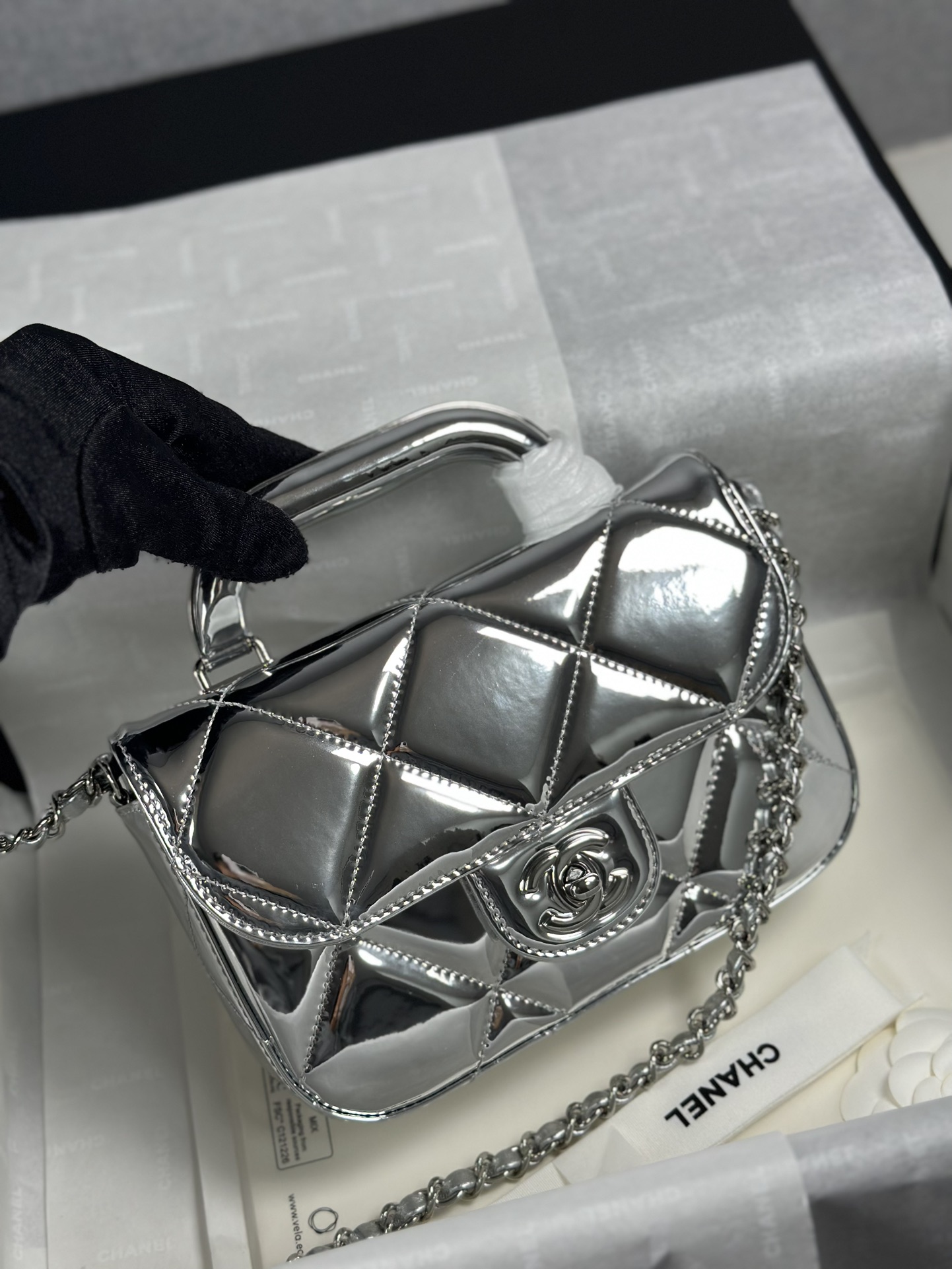 Bagsaaa Ch**el Mini Flap Bag with Top Handle AS5805 Silver - 18.5cm