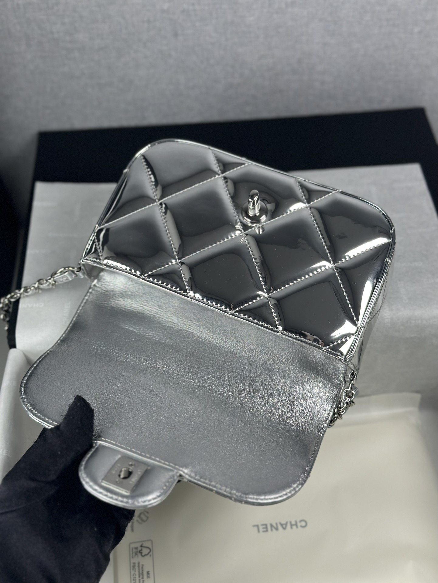 Bagsaaa Ch**el Mini Flap Bag with Top Handle AS5805 Silver - 18.5cm