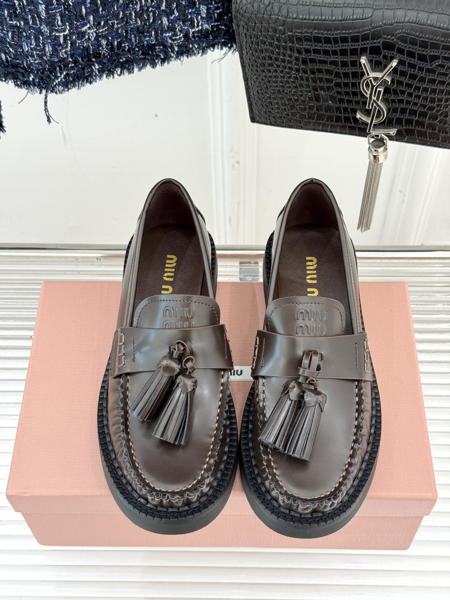 Bagsaaa Miu Miu polished leather tassel loafers in dark brown