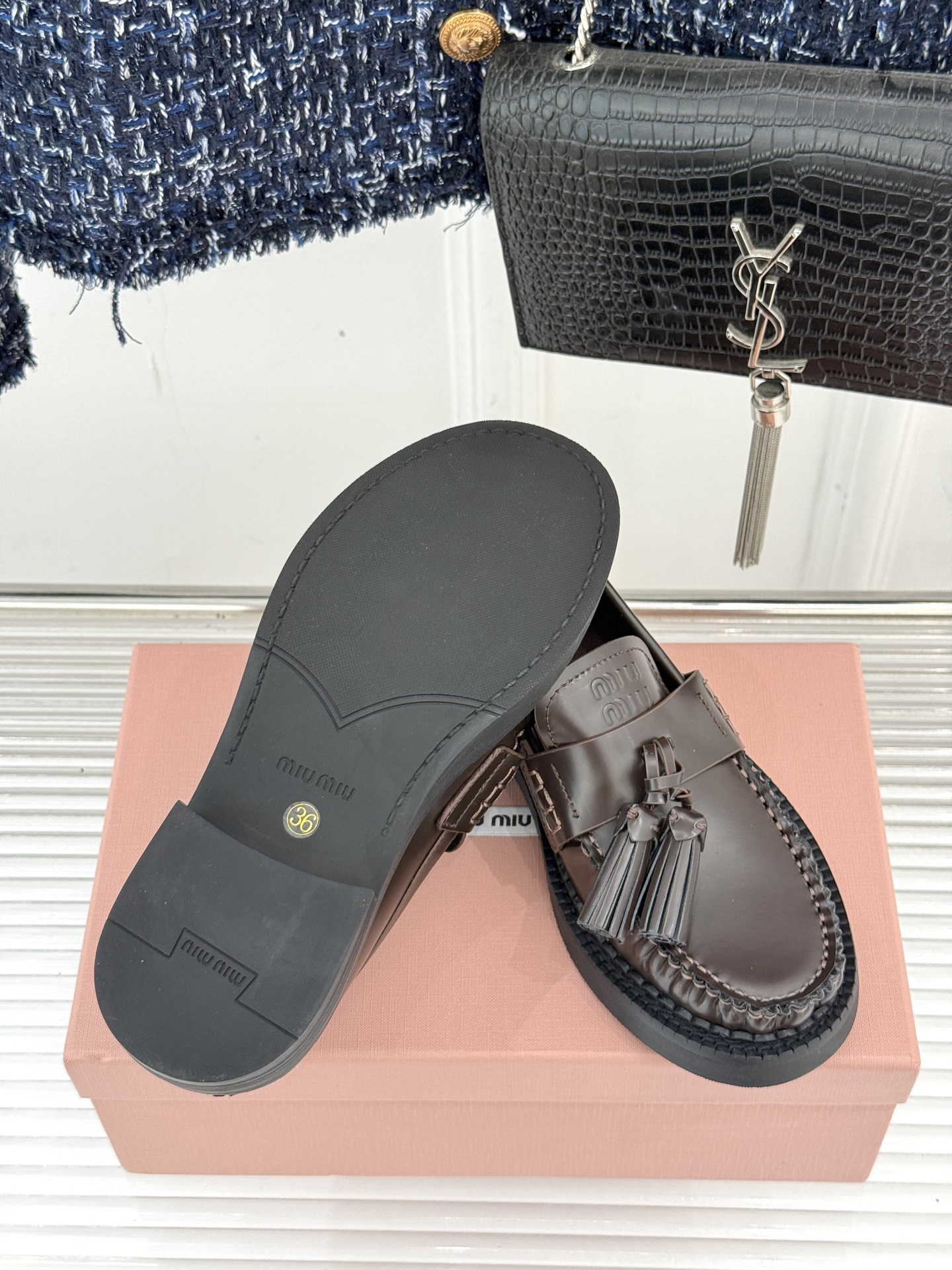 Bagsaaa Miu Miu polished leather tassel loafers in dark brown
