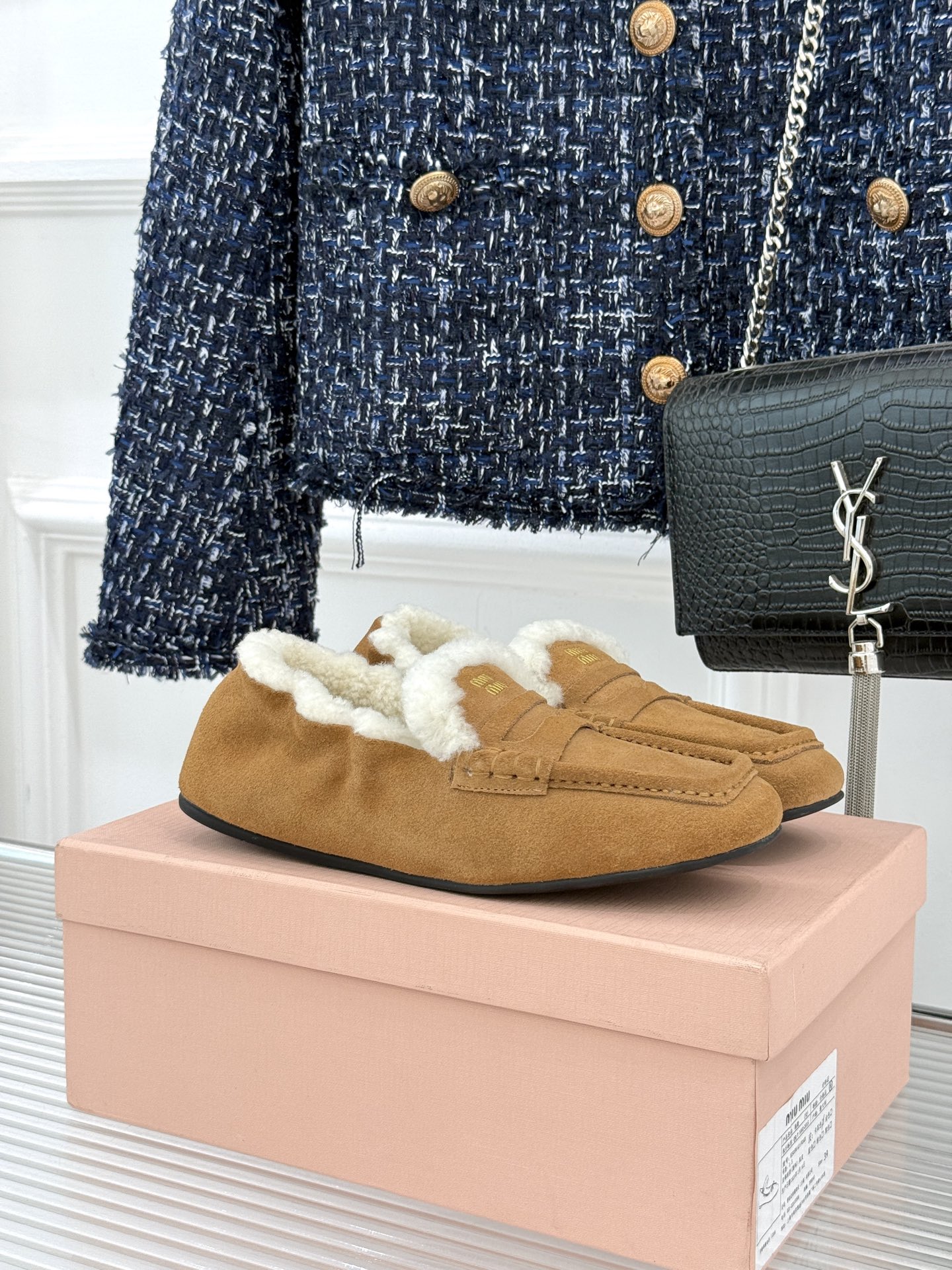 Bagsaaa Miu Miu shearling-lined suede penny loafers in brown